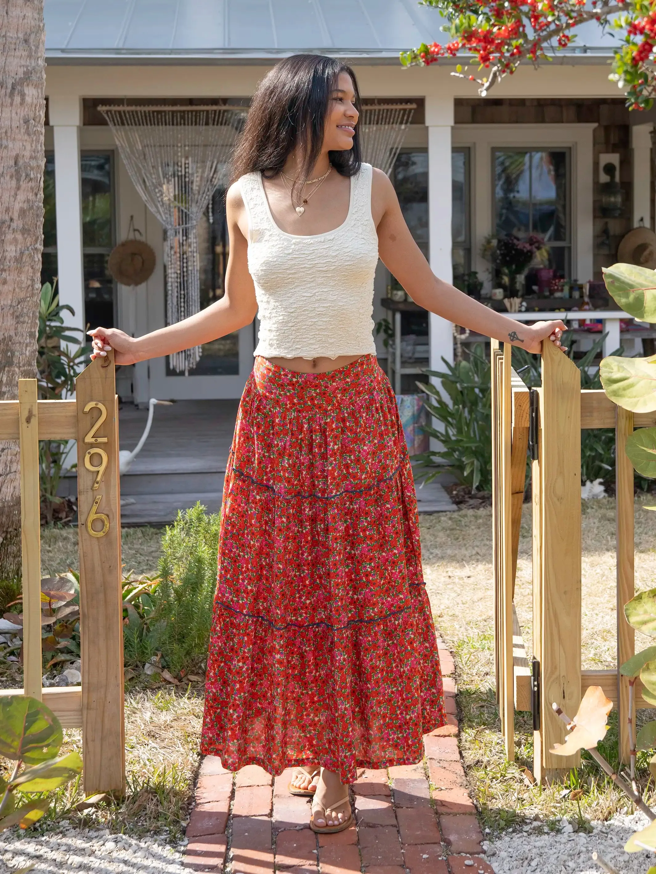 Karlie Tiered Maxi Skirt - Red Pink Azaleas sold by NATURAL LIFE