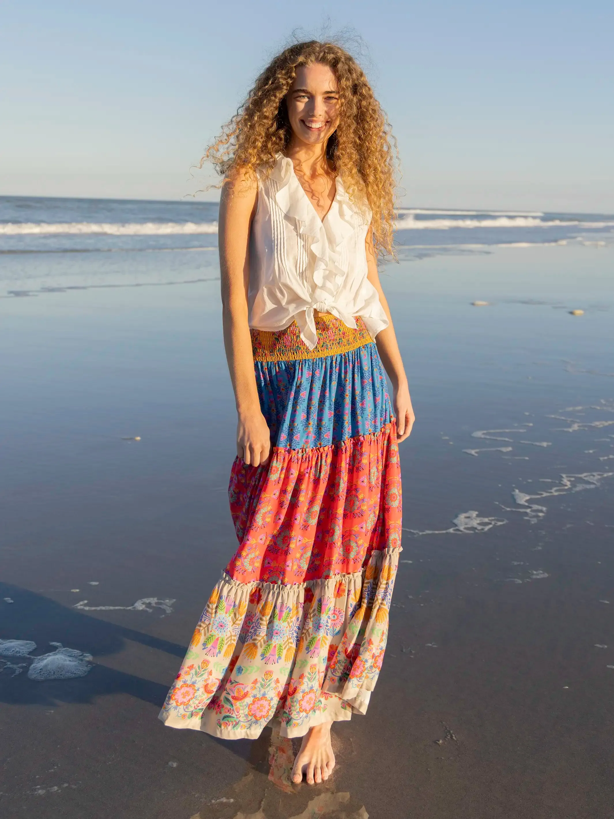 Karlie Tiered Maxi Skirt - Grey Folk Flower sold by NATURAL LIFE