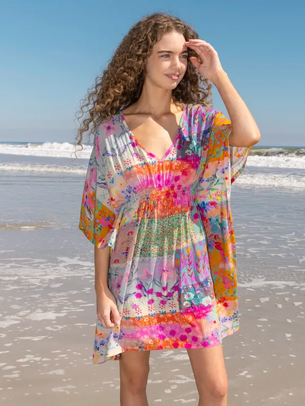Sanibel Kaftan Mini Dress - Pink Watercolor Patchwork sold by NATURAL LIFE