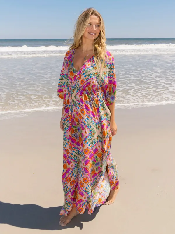 Sanibel Kaftan Maxi Dress - Pink Floral Diamonds sold by NATURAL LIFE