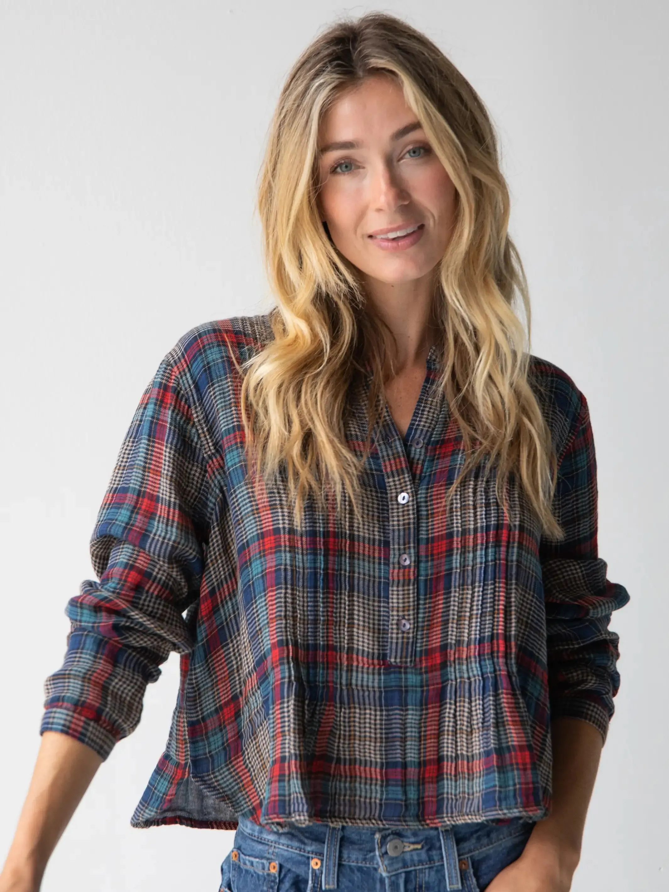 Montana Cotton Top - Navy Red Plaid Gauze sold by NATURAL LIFE