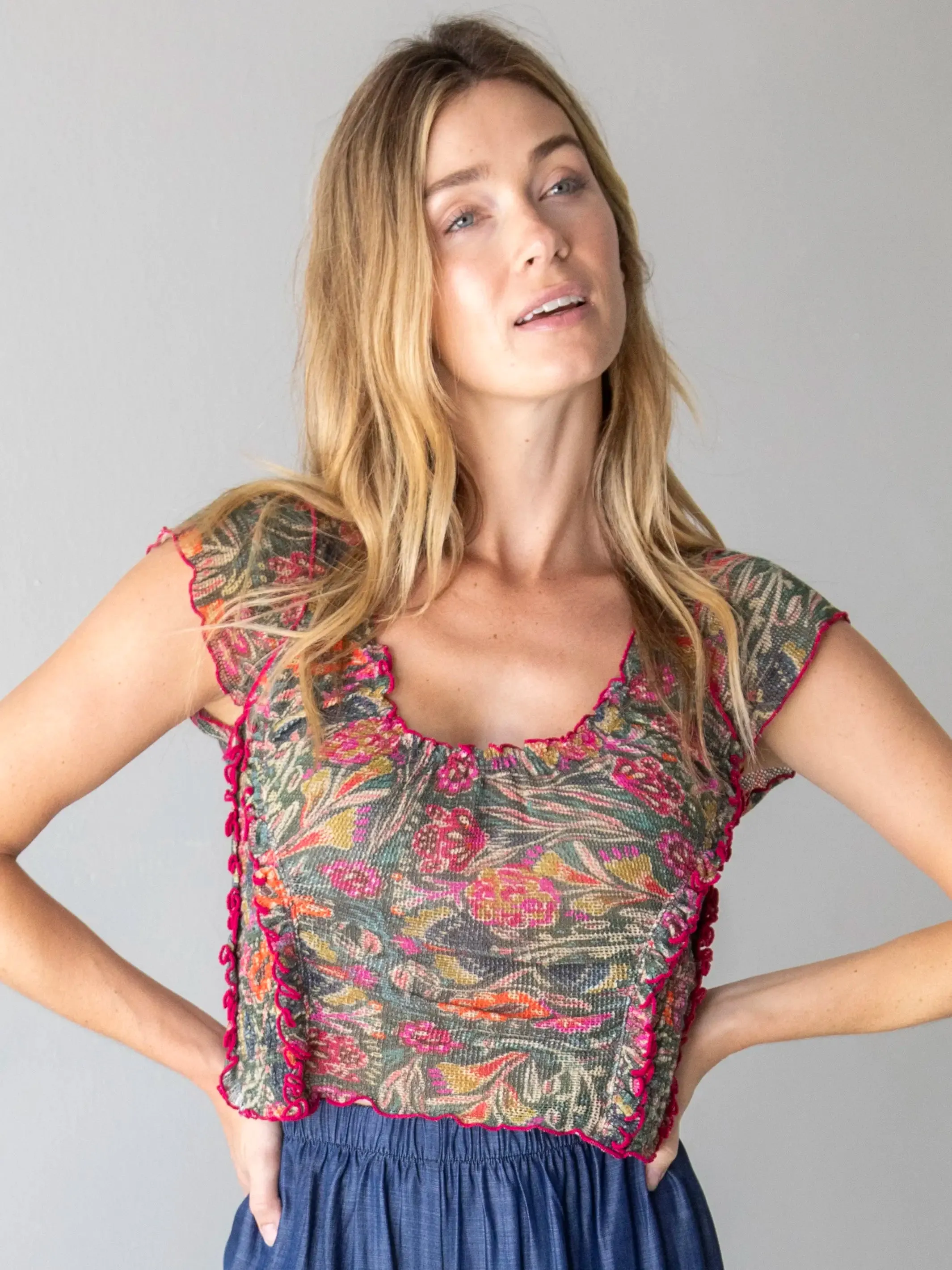 Brianna Cotton Ruffle Trim Top - Green Painterly Vines sold by NATURAL LIFE product image thumbnail 3