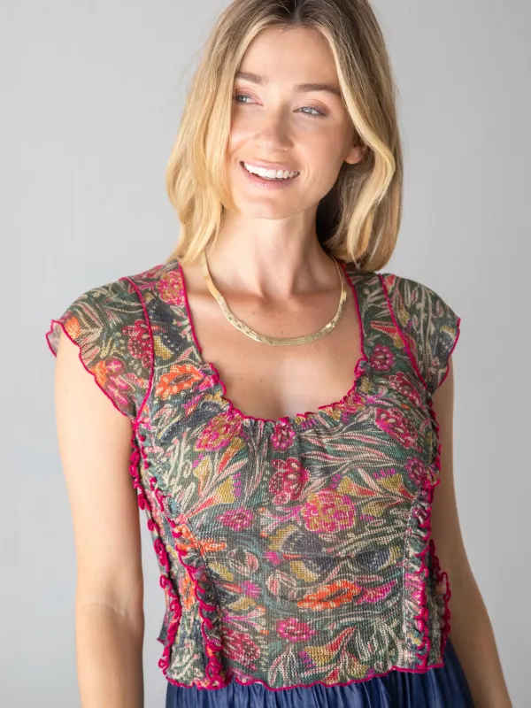Brianna Cotton Ruffle Trim Top - Green Painterly Vines sold by NATURAL LIFE