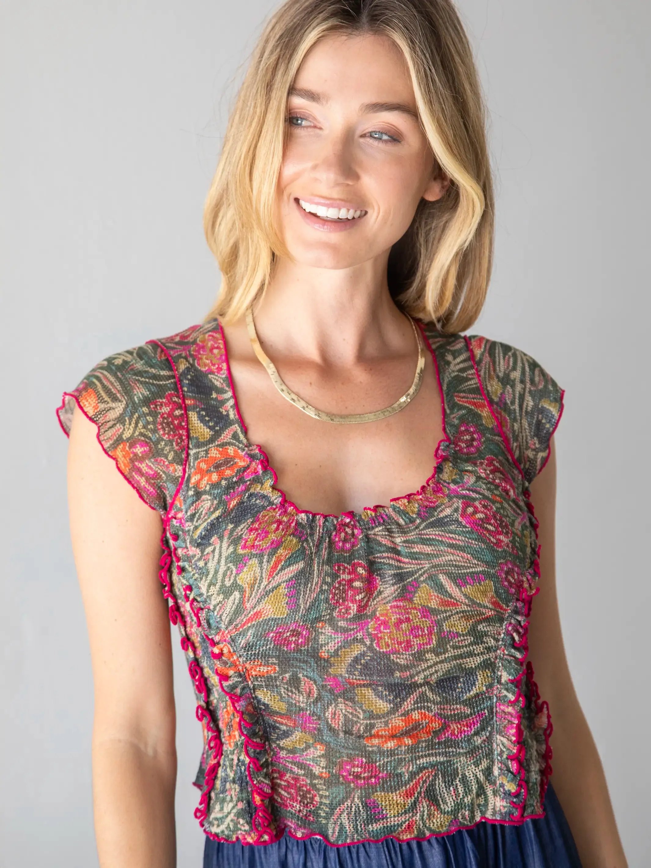Brianna Cotton Ruffle Trim Top - Green Painterly Vines sold by NATURAL LIFE