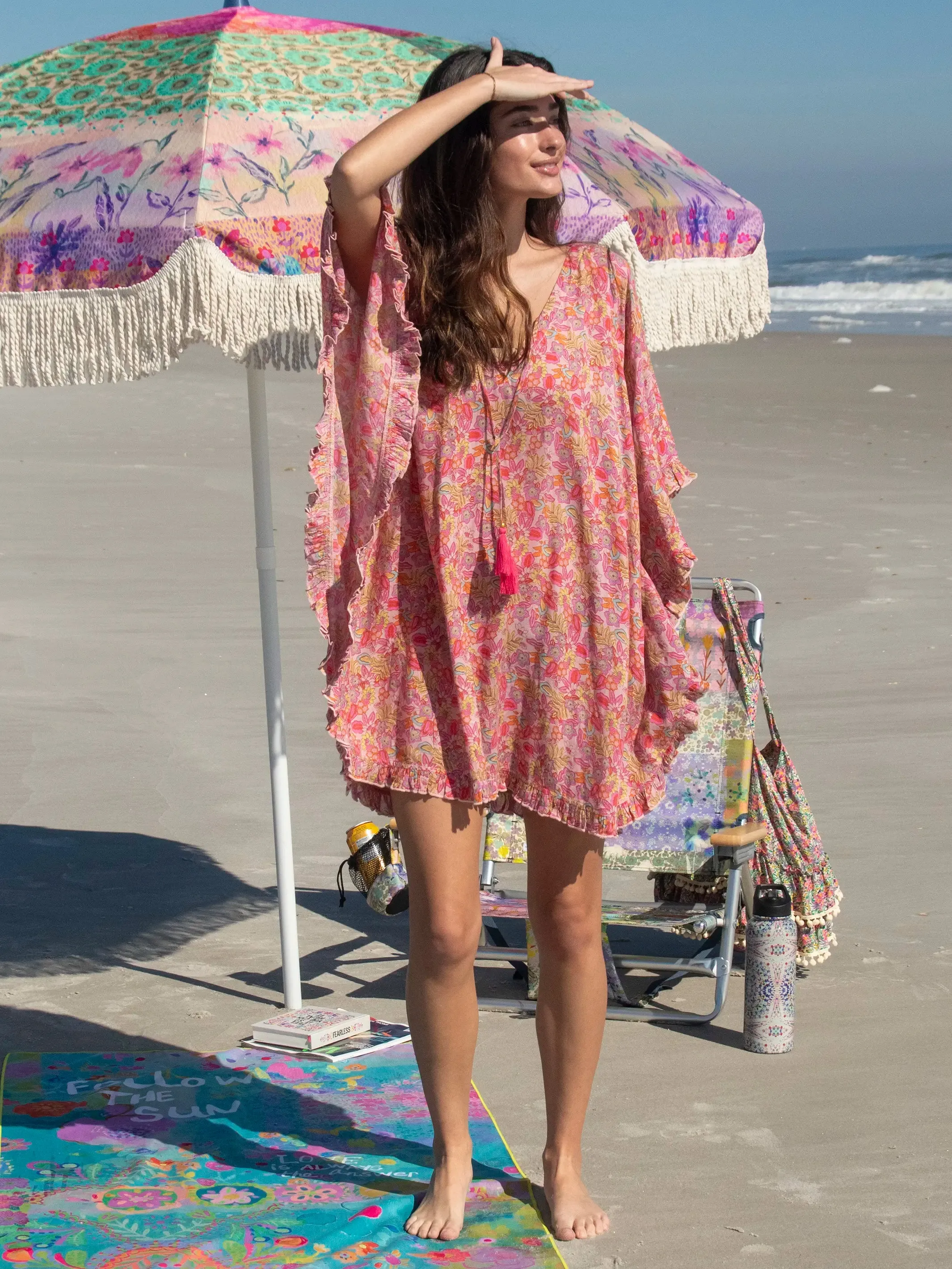 Cotton Ruffle Cover-Up - Leafy Pink Floral sold by NATURAL LIFE product image thumbnail 2