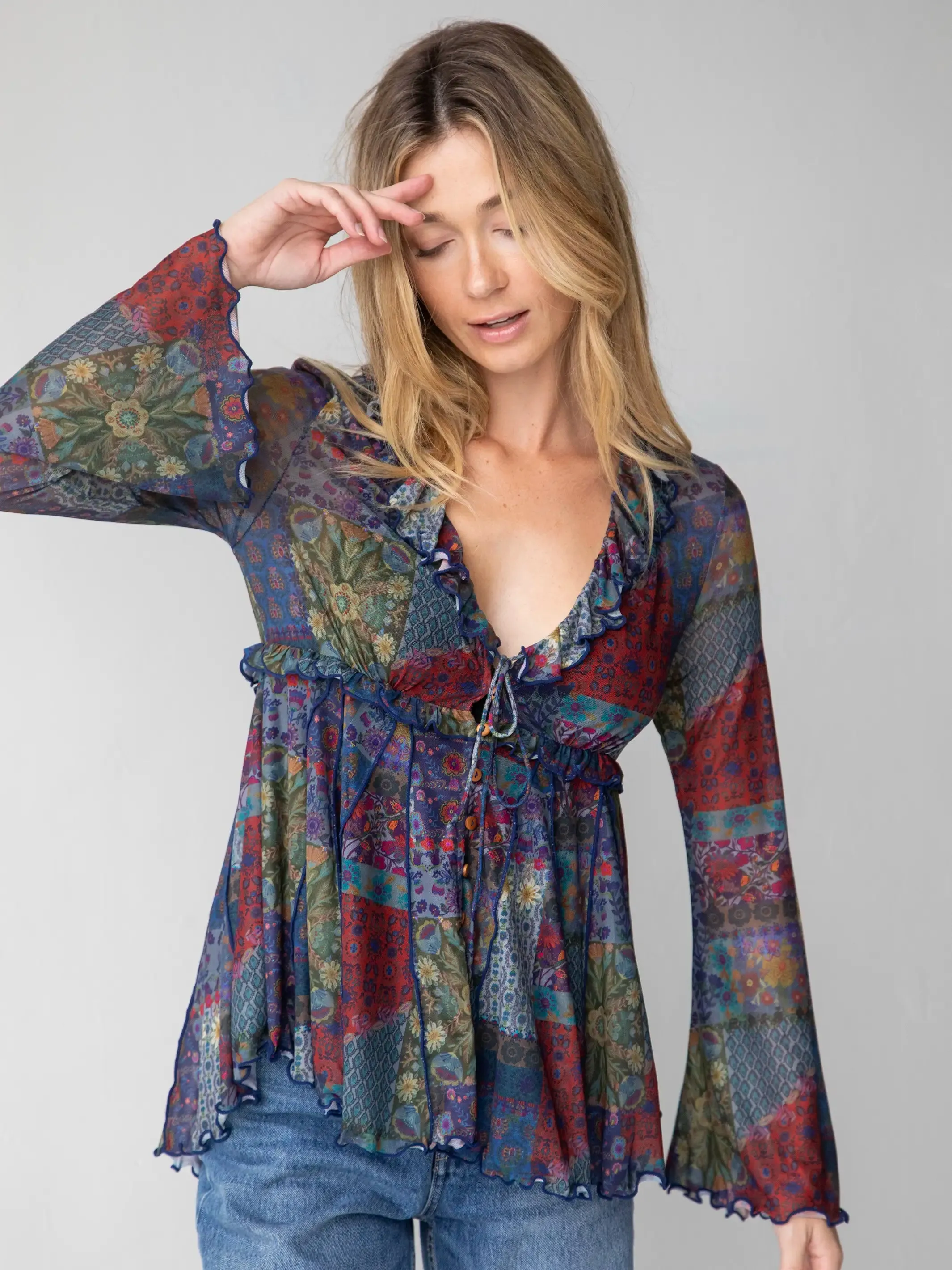 Sierra Ruffle Mesh Top - Blue Patchwork sold by NATURAL LIFE