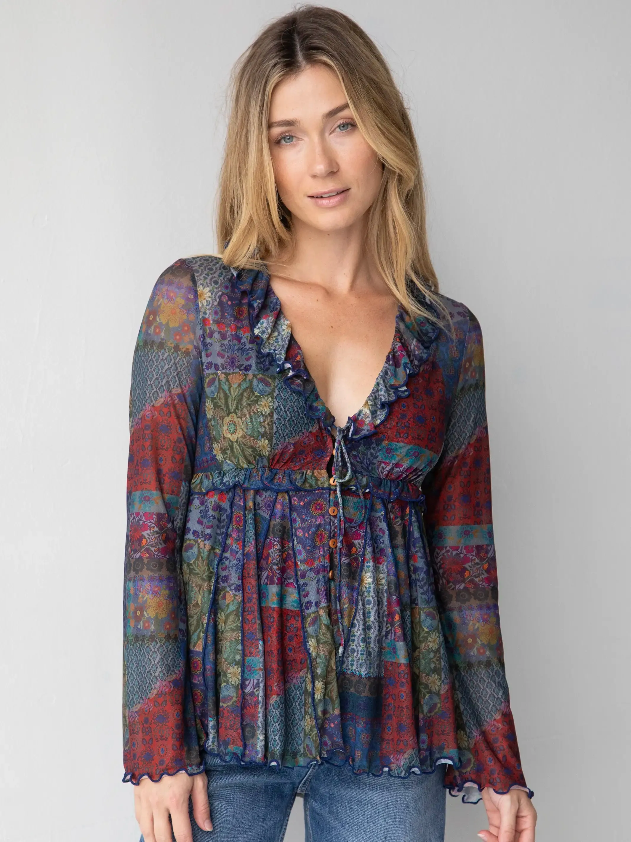 Sierra Ruffle Mesh Top - Blue Patchwork sold by NATURAL LIFE product image thumbnail 4