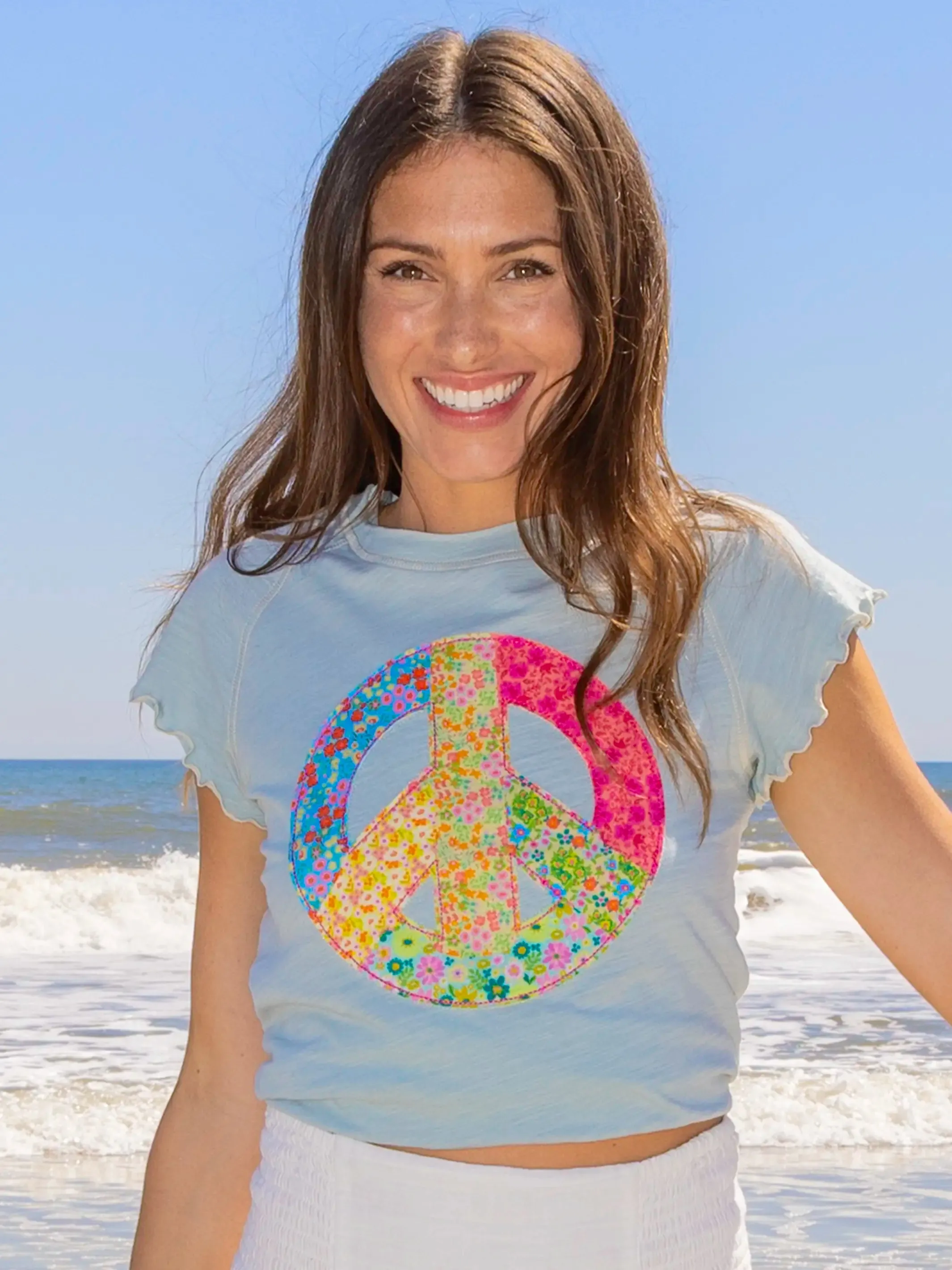 Lily Cotton Applique Tee Shirt - Bay Peace Sign sold by NATURAL LIFE