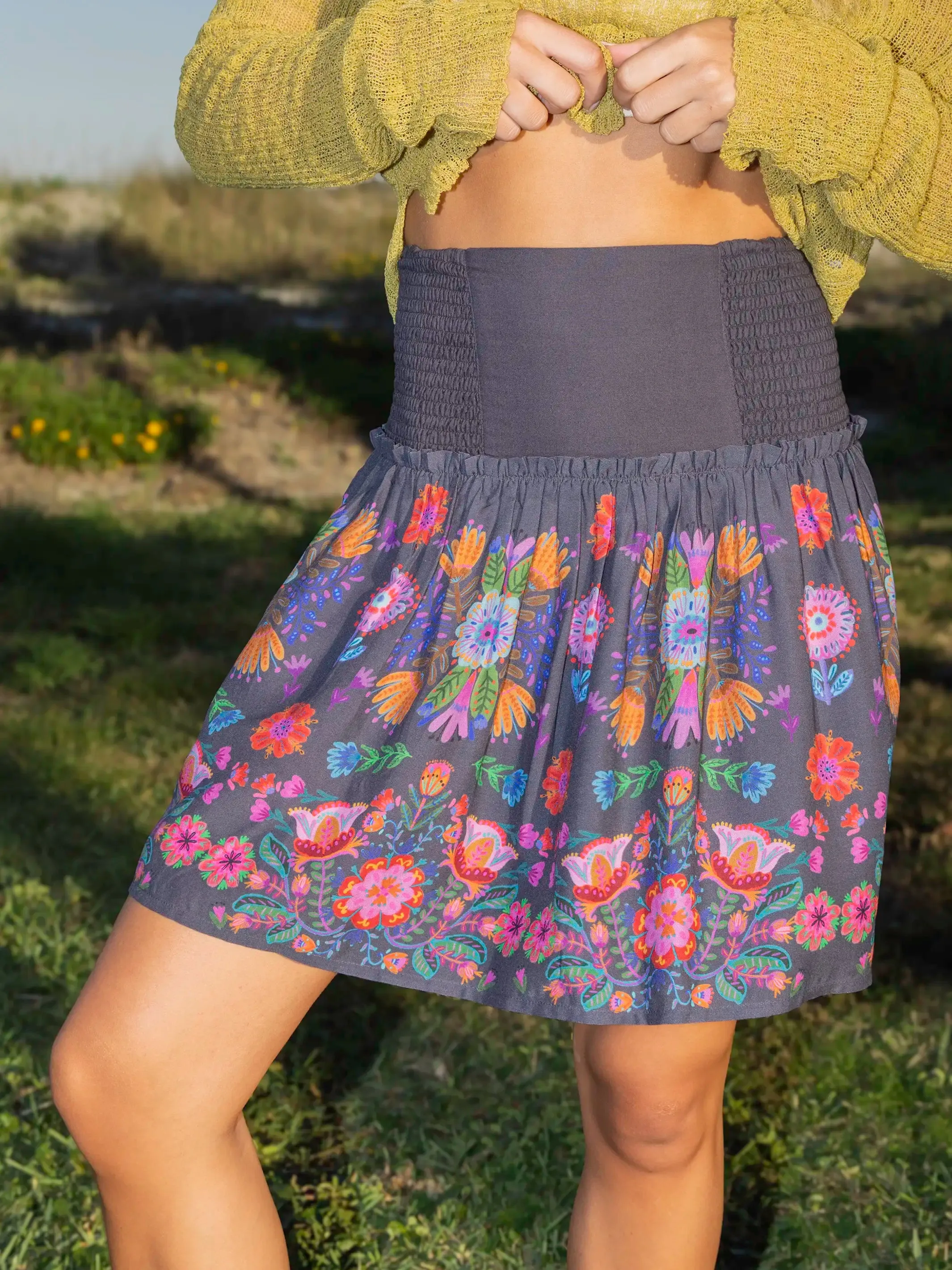 Malia Mini Skirt - Charcoal Folk Floral sold by NATURAL LIFE
