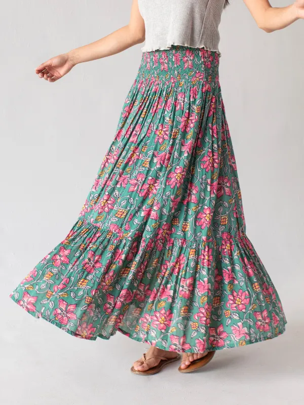 Flora Convertible Maxi Skirt - Teal Pink Lilies Cotton sold by NATURAL LIFE