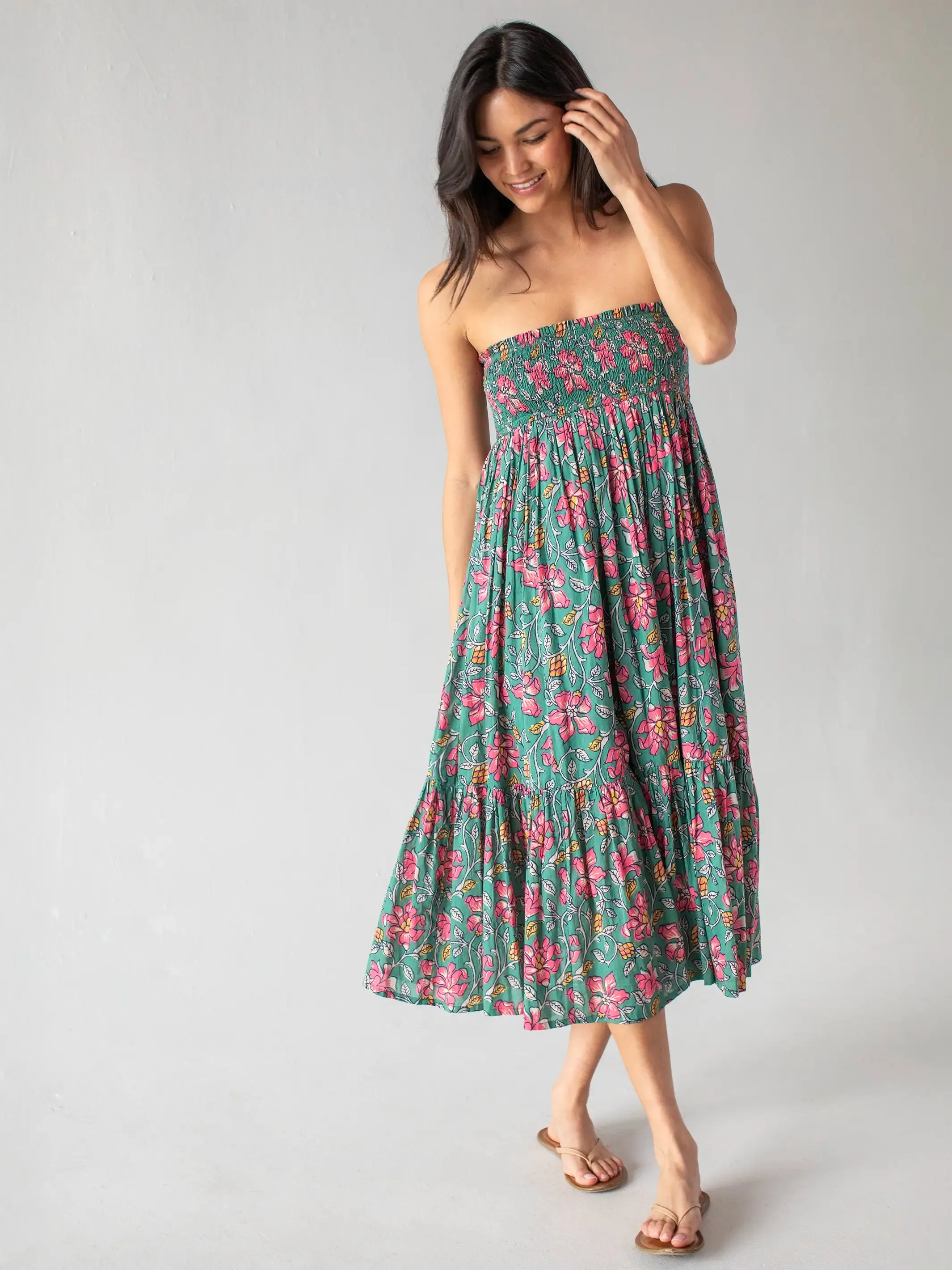 Flora Convertible Maxi Skirt - Teal Pink Lilies Cotton sold by NATURAL LIFE product image thumbnail 2