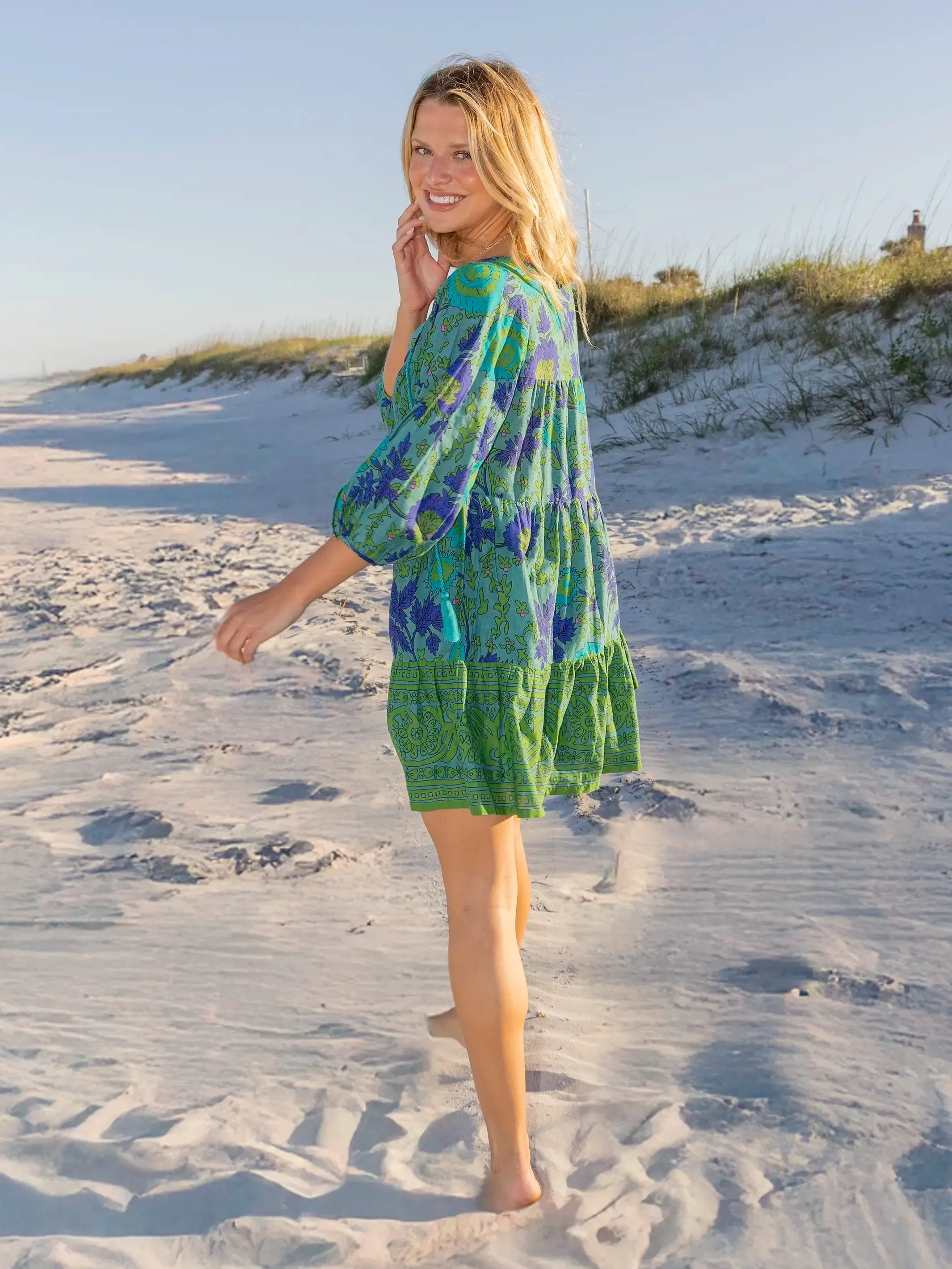 Auguste Cotton Mini Dress - Teal Leafy Floral sold by NATURAL LIFE product image thumbnail 3