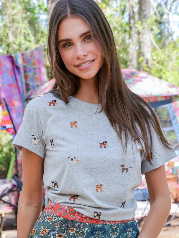 Little Things Embroidered Tee - Grey Cats and Dogs sold by NATURAL LIFE