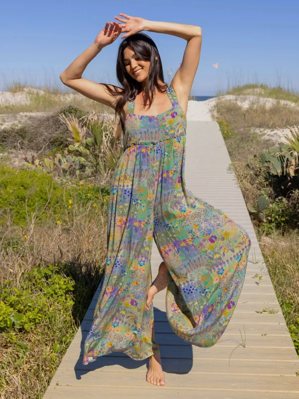 Gabi Jumpsuit - Blue Watercolor Patchwork sold by NATURAL LIFE