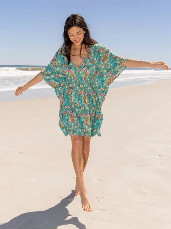 Sanibel Kaftan Mini Dress - Turquoise Floral sold by NATURAL LIFE