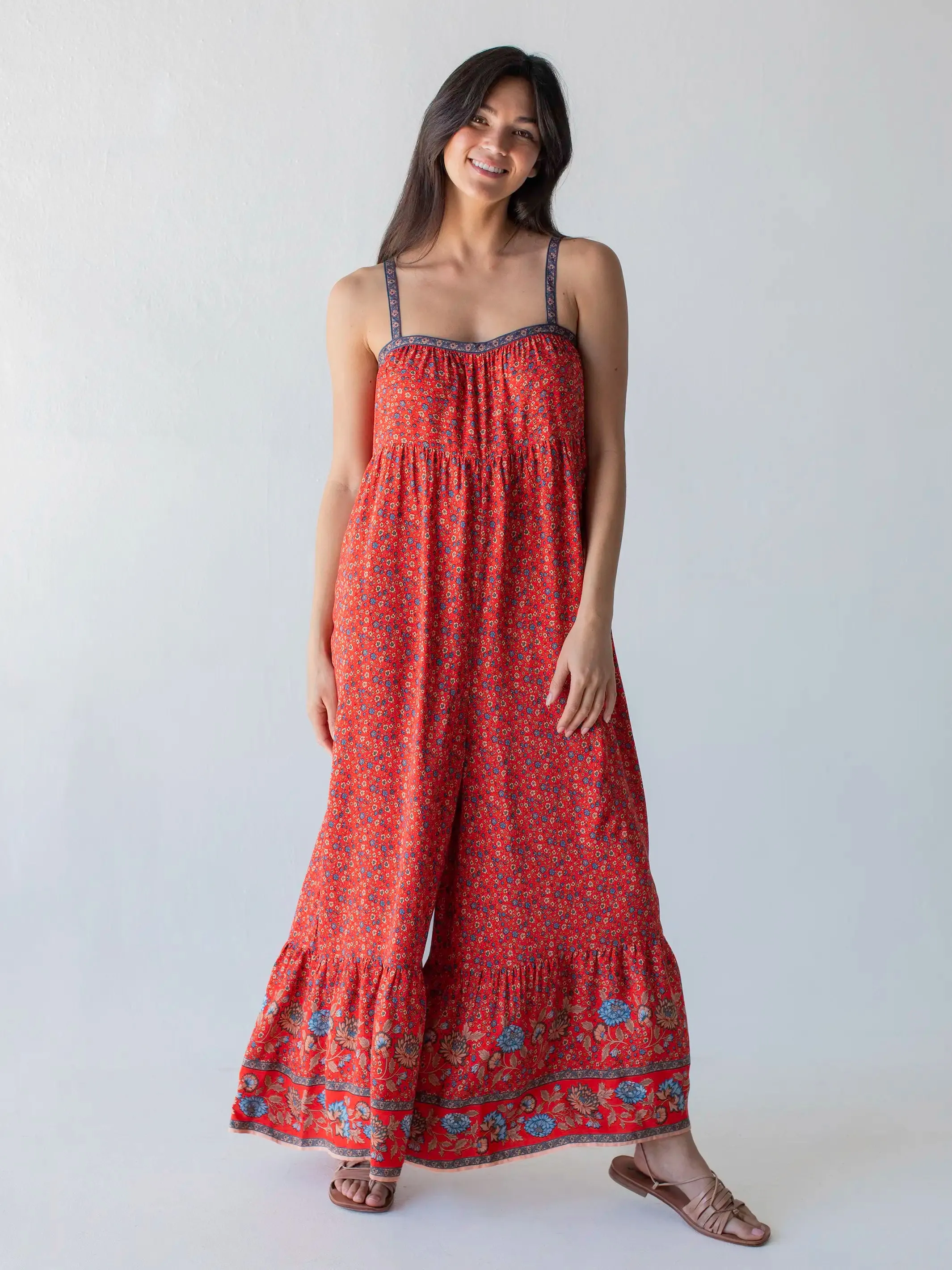 Stephanie Jumpsuit - Red Floral Border sold by NATURAL LIFE