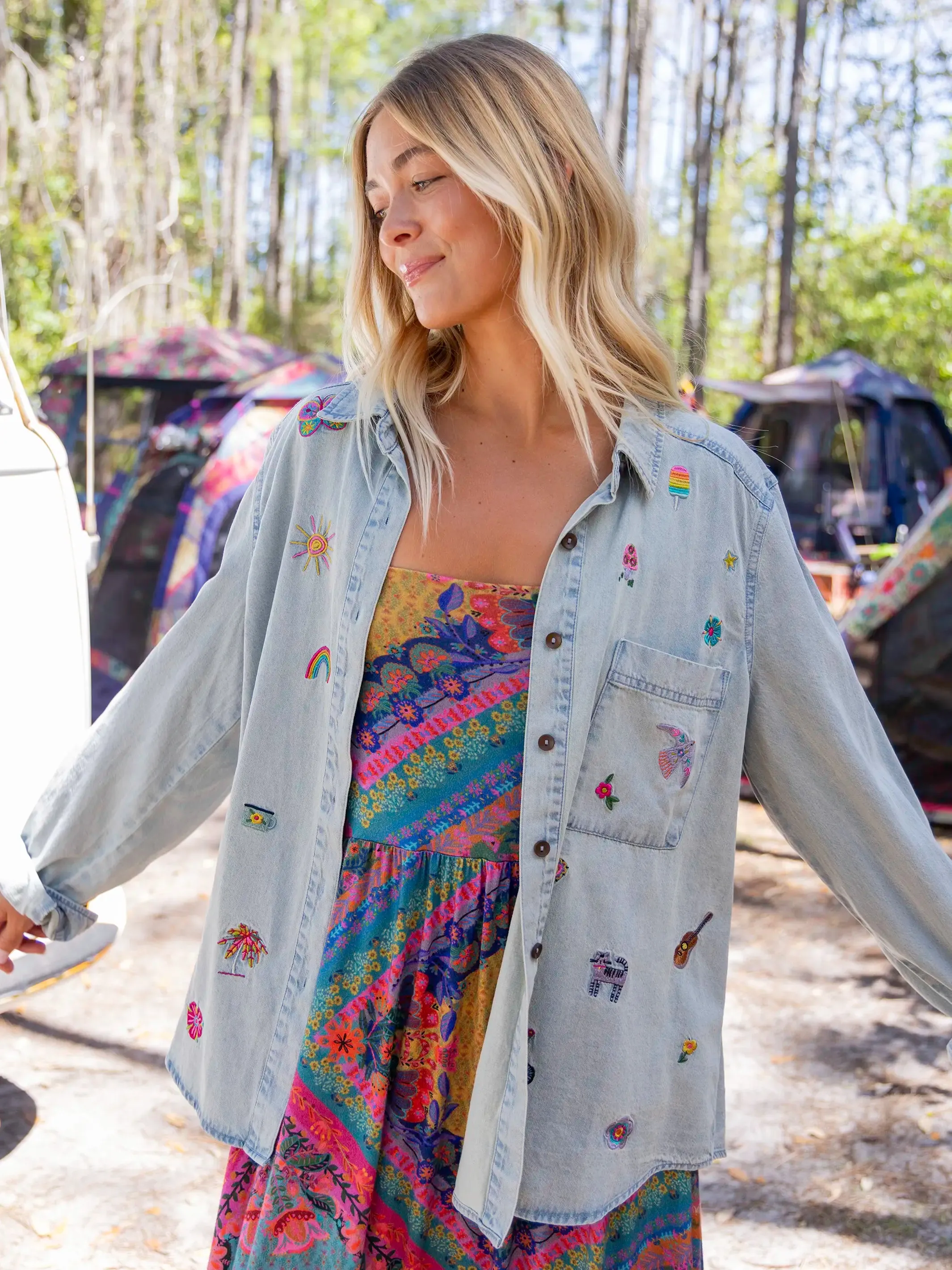 Cutest Embroidered Denim Shirt - Light Wash sold by NATURAL LIFE