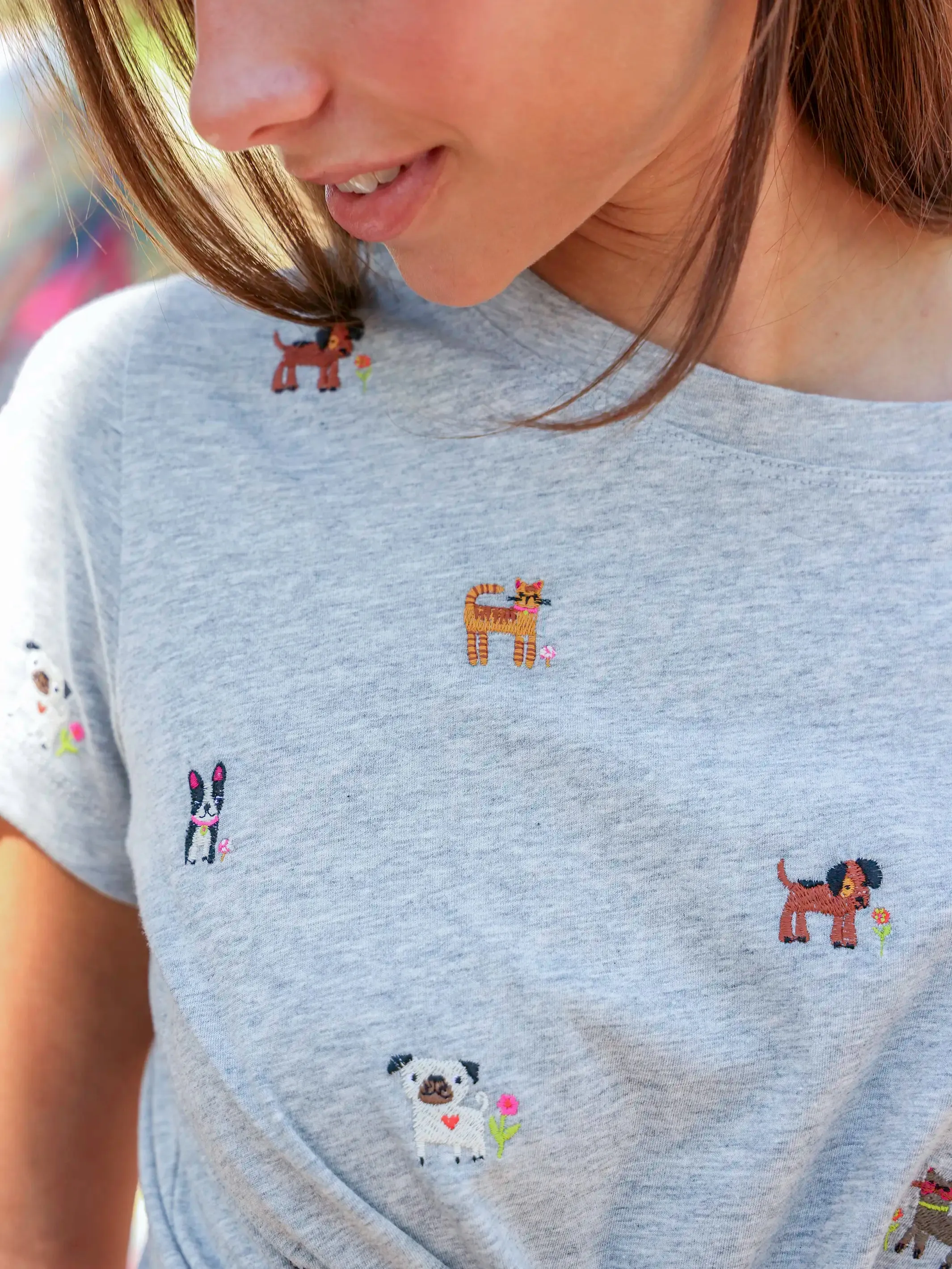 Favorite Little Things Embroidered Tee - Grey Cats and Dogs sold by NATURAL LIFE