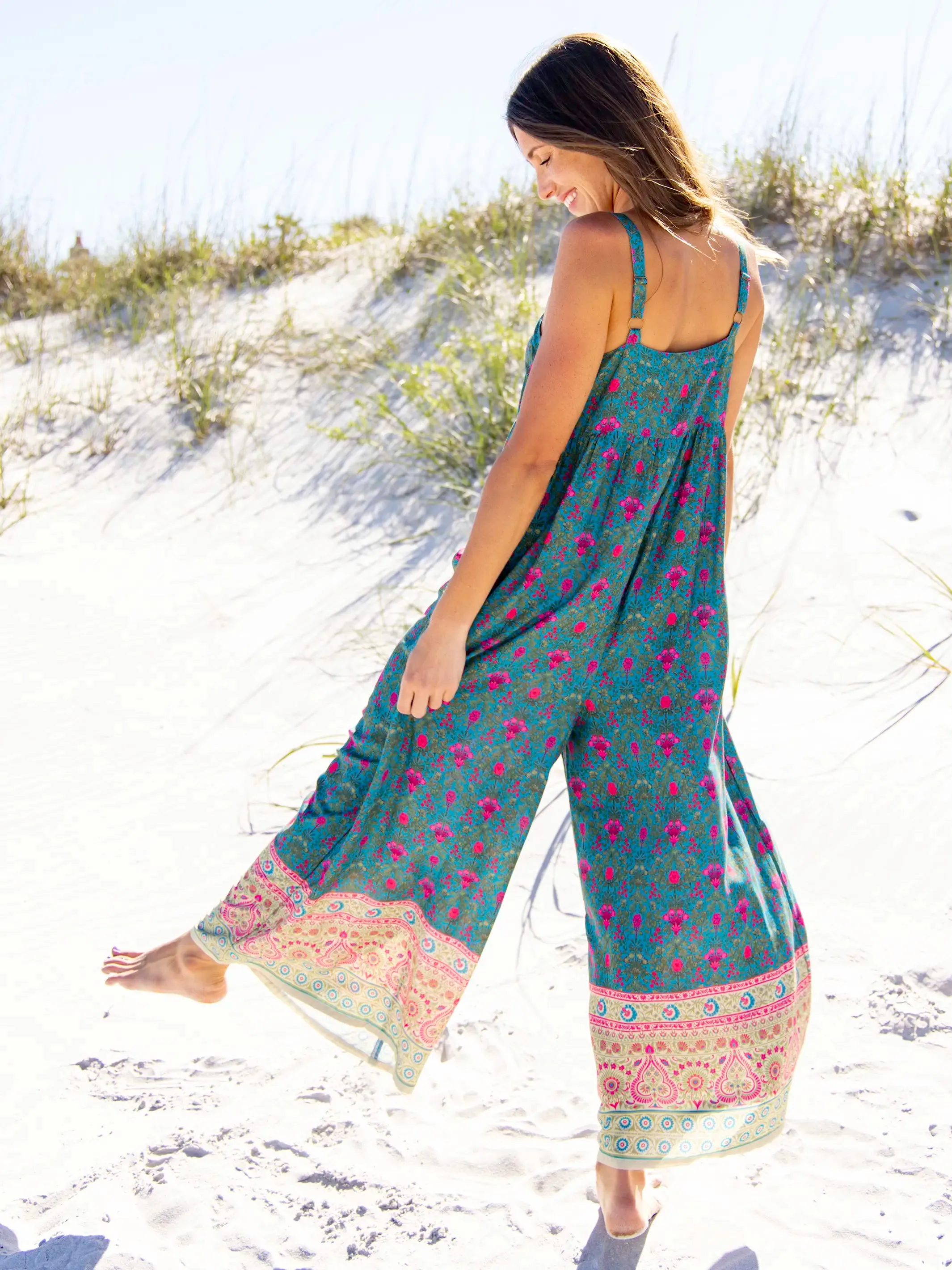 Patti Tie-Front Jumpsuit - Teal Pink Border sold by NATURAL LIFE