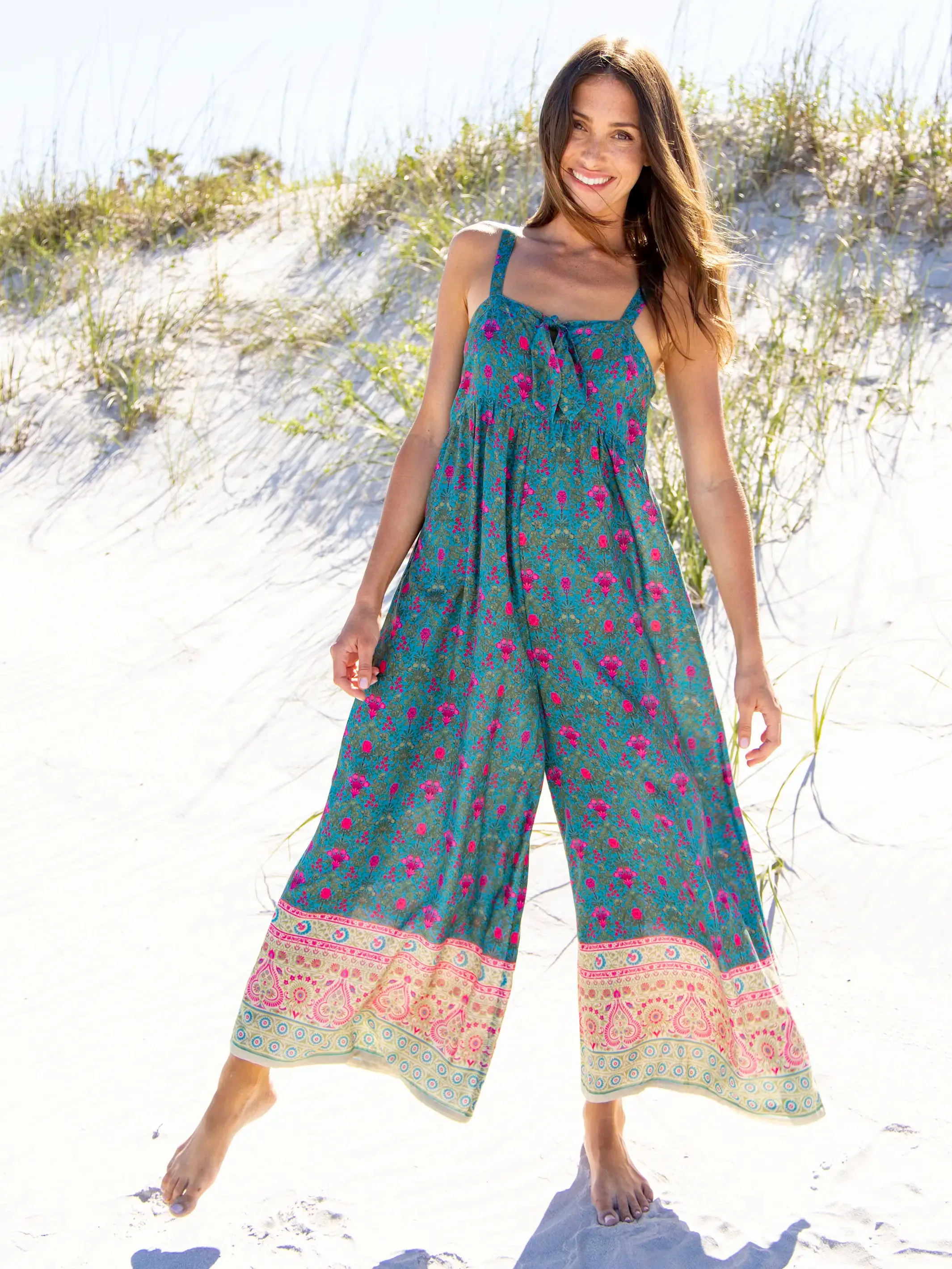 Patti Tie-Front Jumpsuit - Teal Pink Border sold by NATURAL LIFE product image thumbnail 3