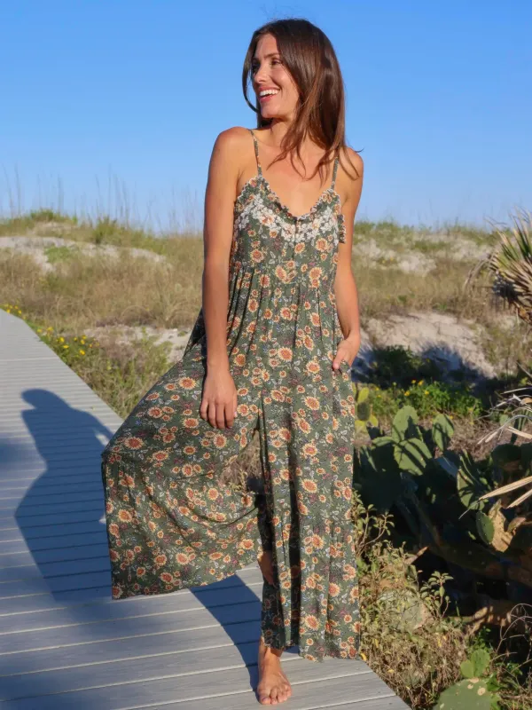 Harley Embroidered Jumpsuit - Green Sunflower Butterflies sold by NATURAL LIFE