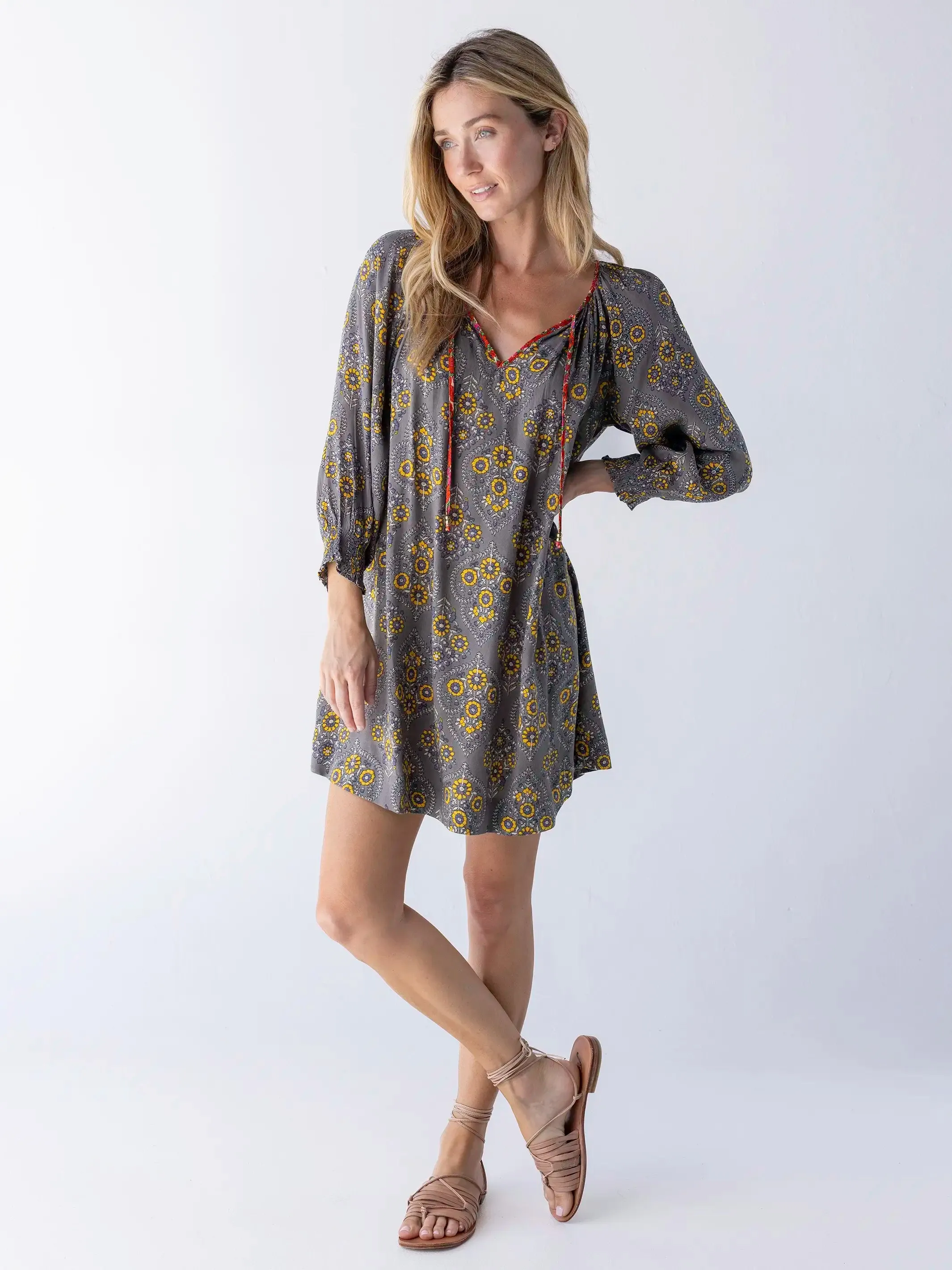 April Mini Dress - Grey Yellow Scrolls sold by NATURAL LIFE product image thumbnail 4