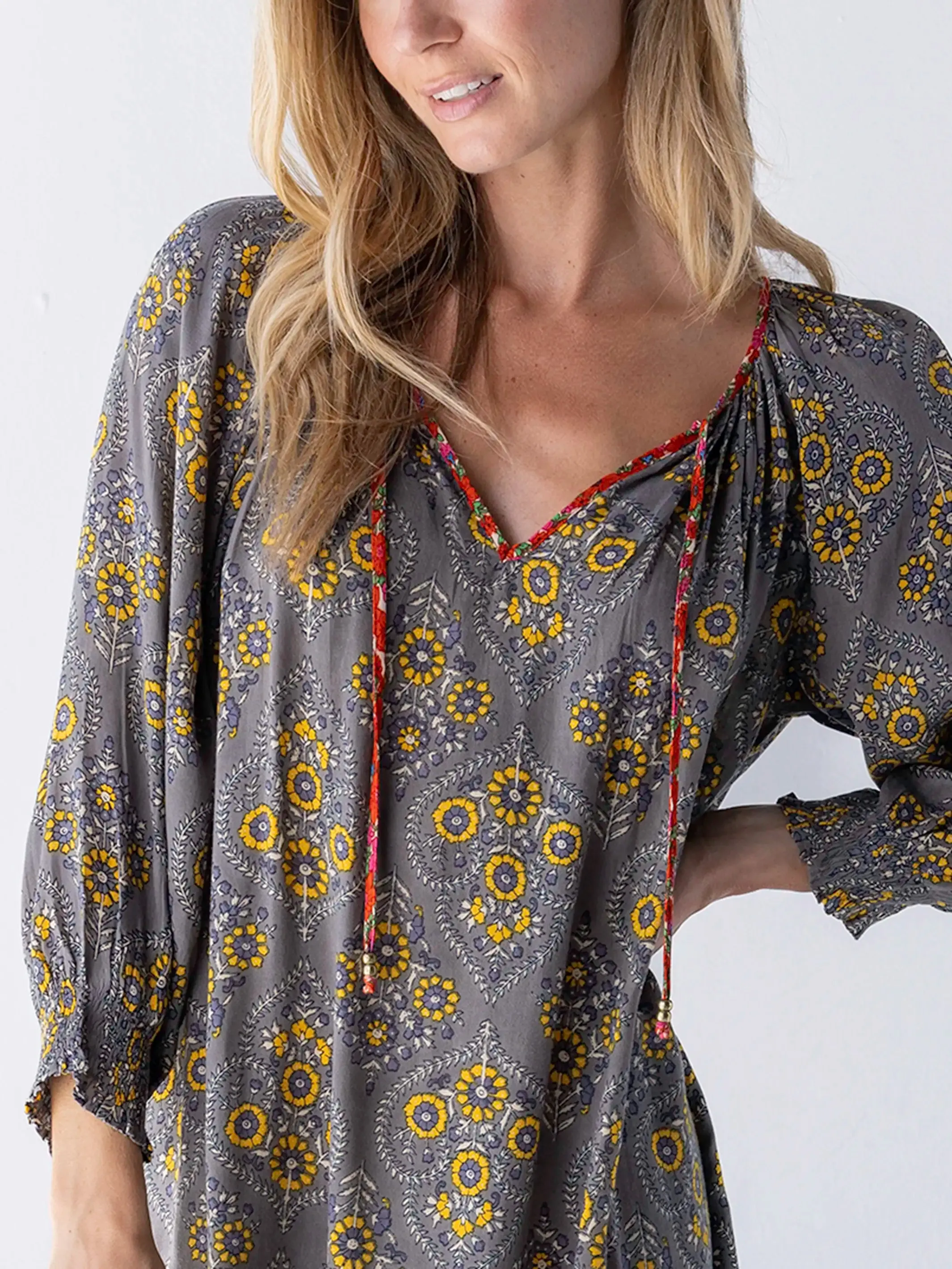 April Mini Dress - Grey Yellow Scrolls sold by NATURAL LIFE product image thumbnail 2