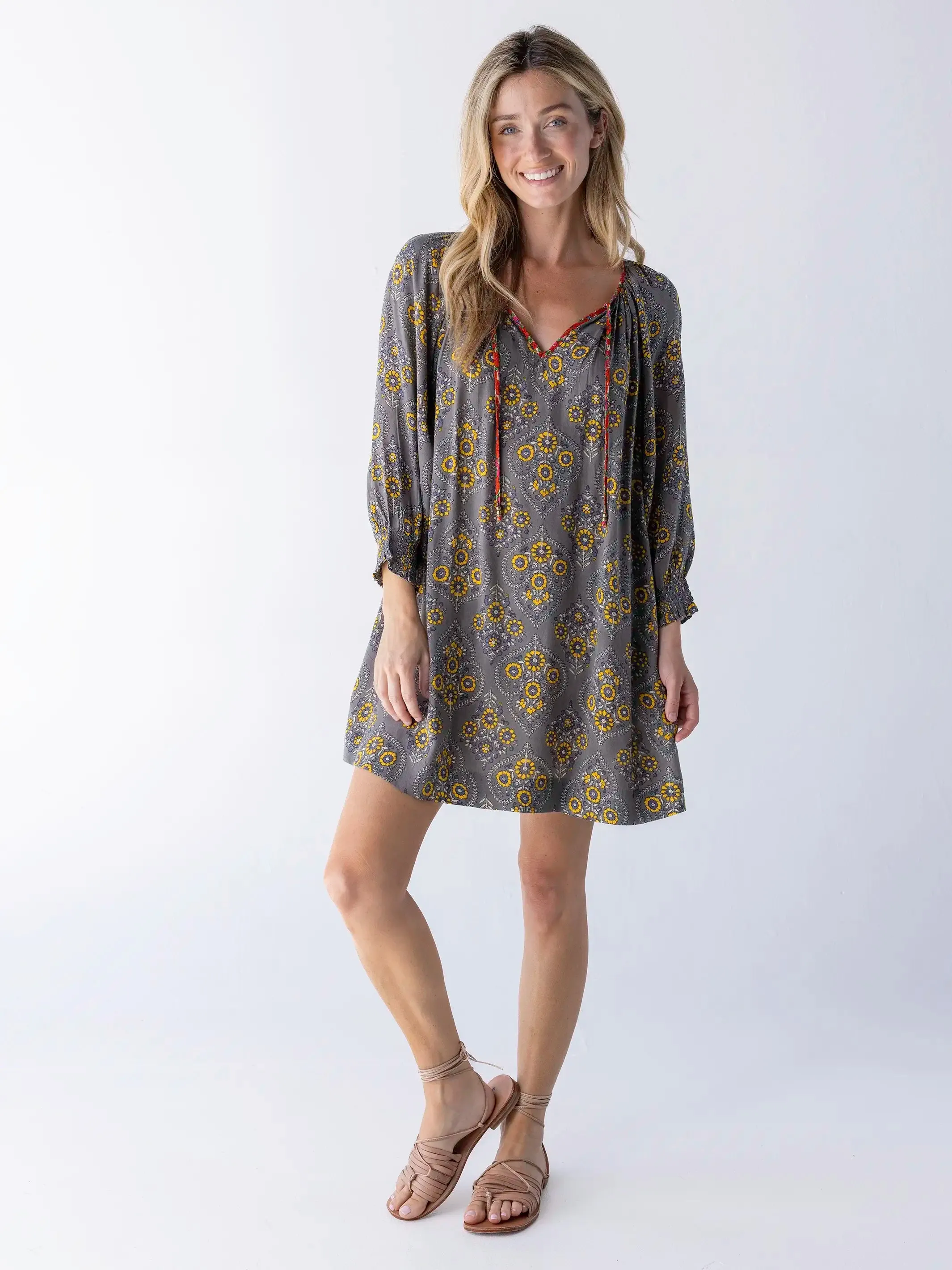 April Mini Dress - Grey Yellow Scrolls sold by NATURAL LIFE