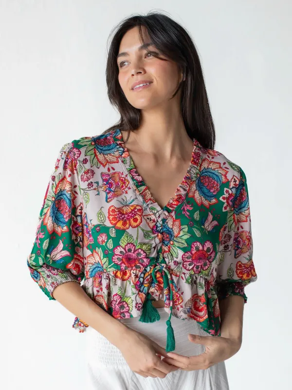 Elisa Ruffle Tie Top - Multicolored Flung Floral sold by NATURAL LIFE