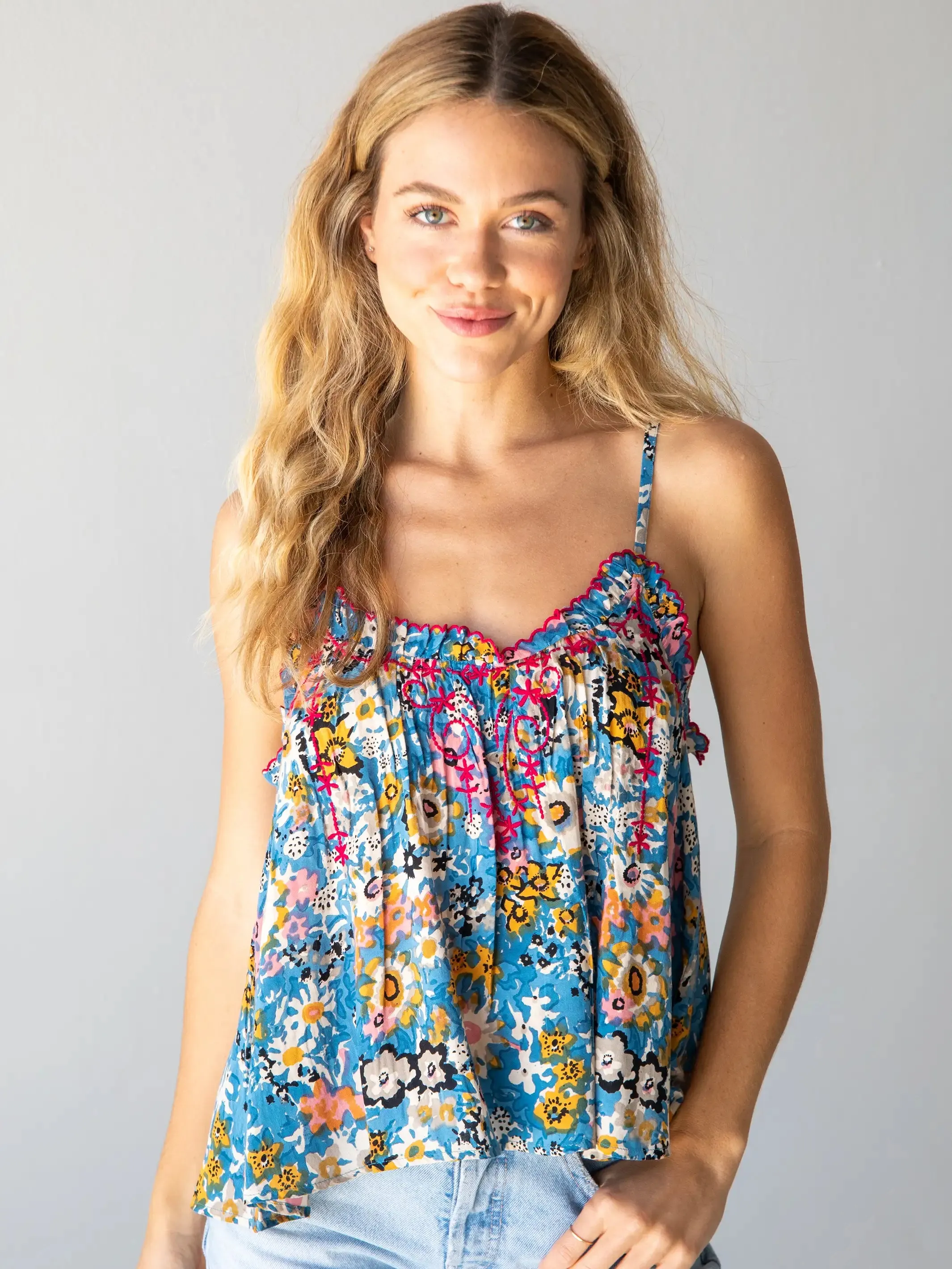 Harley Embroidered Top - Blue Tan Floral sold by NATURAL LIFE