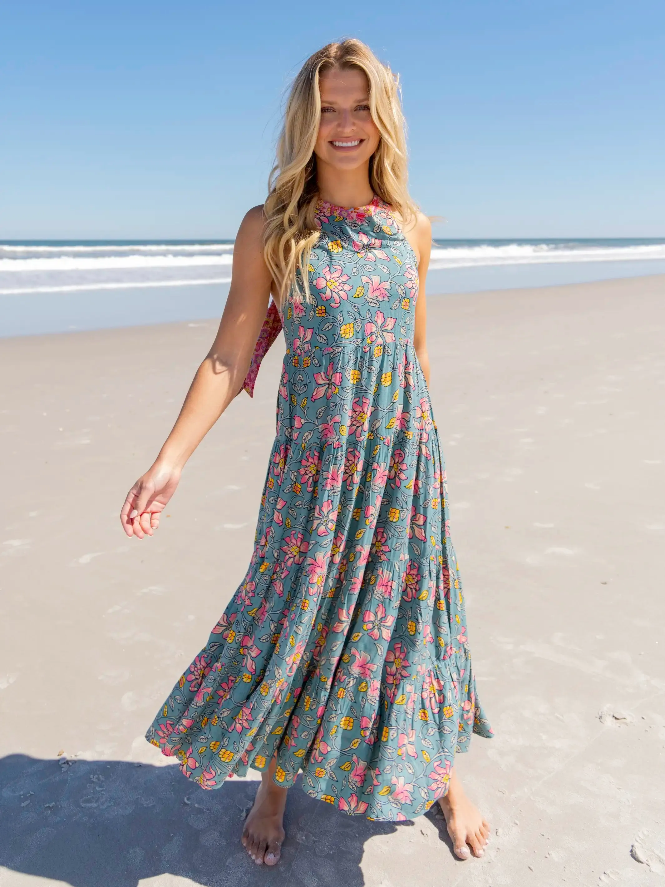 Halle Halter Maxi Dress - Blue Pink Lilies sold by NATURAL LIFE product image thumbnail 4