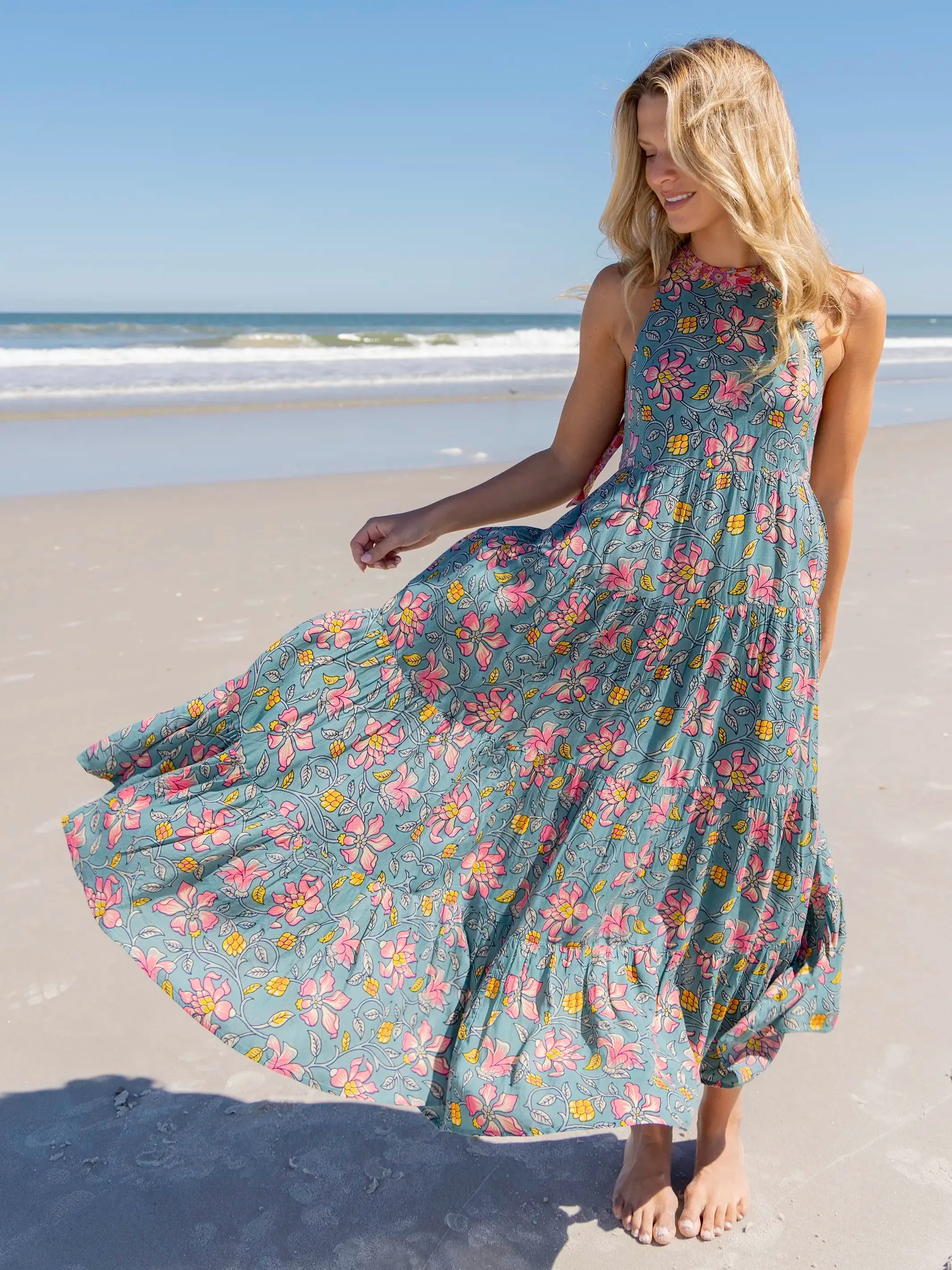 Halle Halter Maxi Dress - Blue Pink Lilies sold by NATURAL LIFE product image thumbnail 2