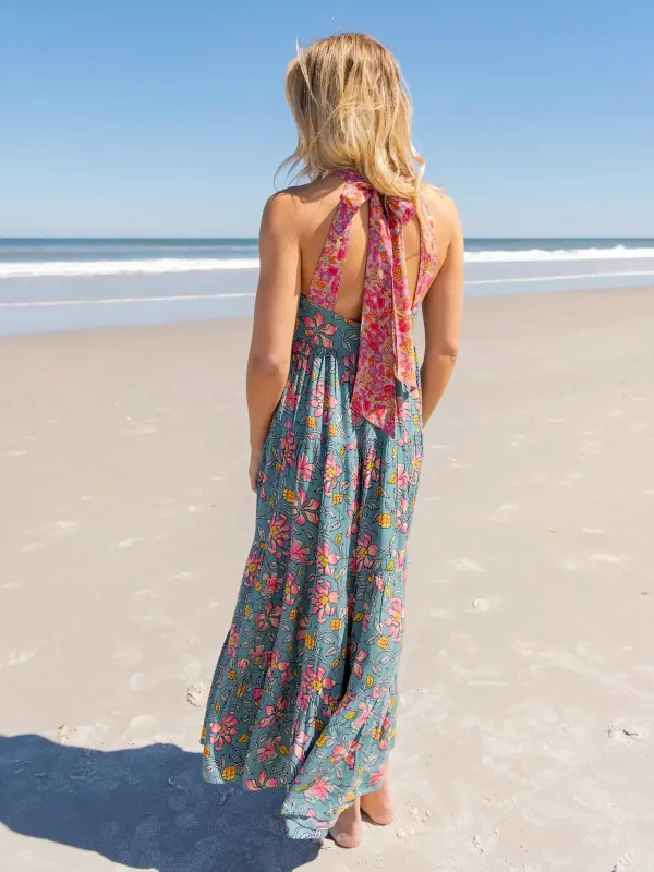 Halle Halter Maxi Dress - Blue Pink Lilies sold by NATURAL LIFE