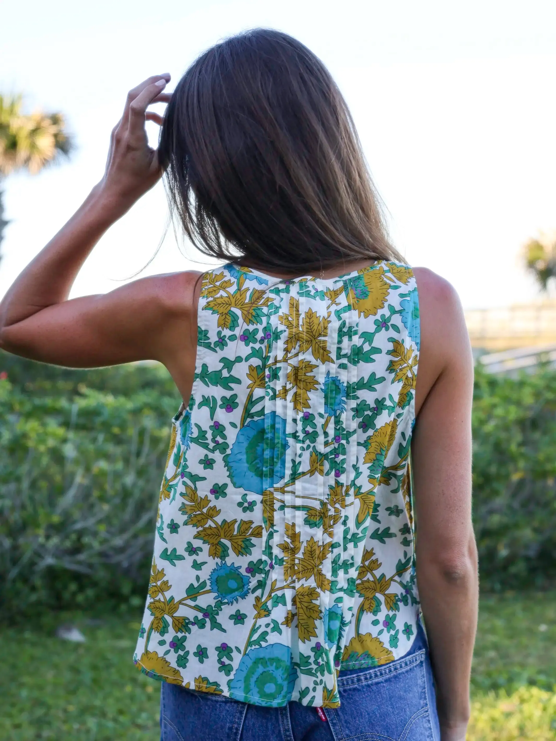 Savannah Cotton Sleeveless Top - Ochre Leafy Floral sold by NATURAL LIFE product image thumbnail 2