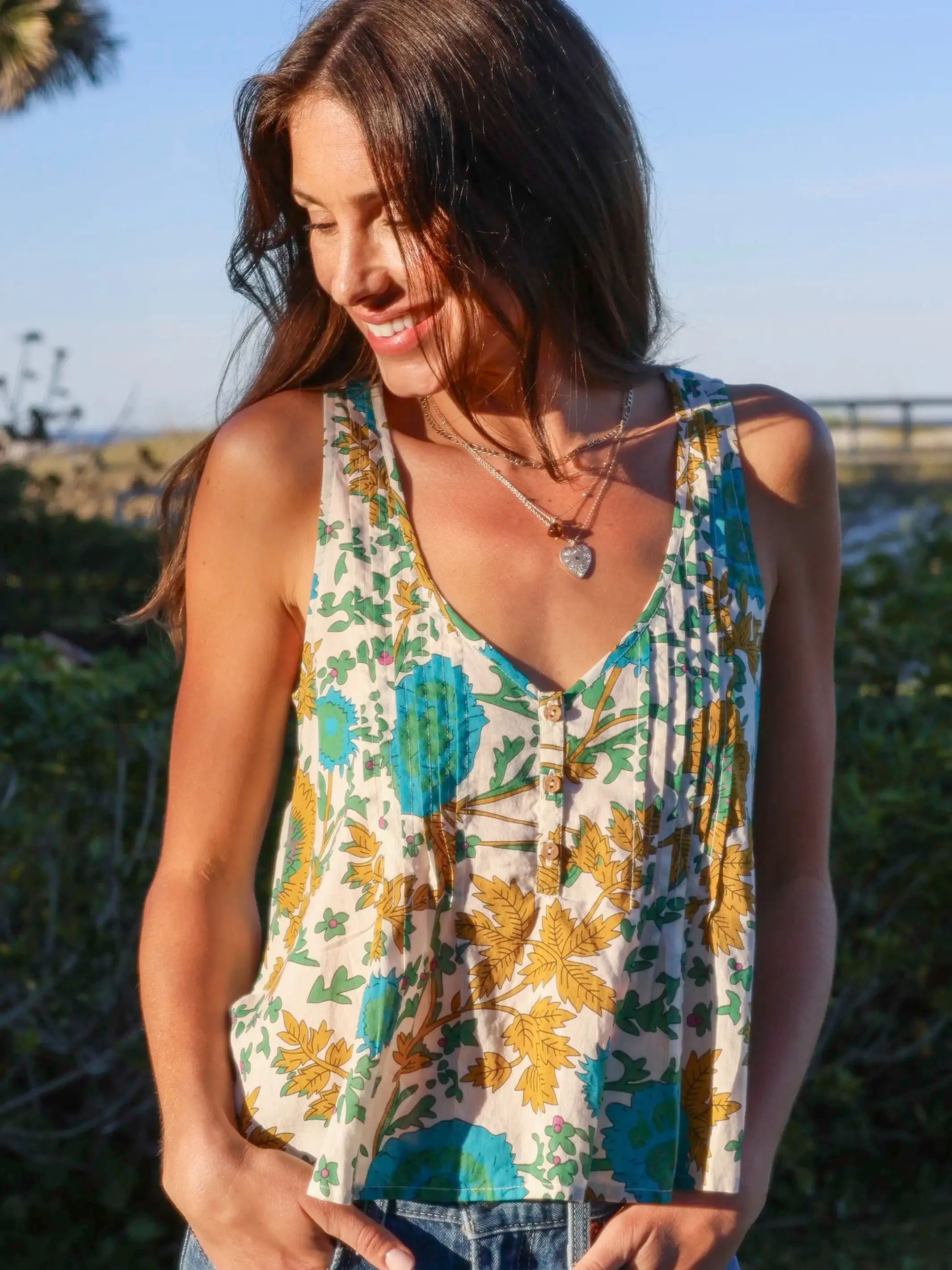 Savannah Cotton Sleeveless Top - Ochre Leafy Floral sold by NATURAL LIFE