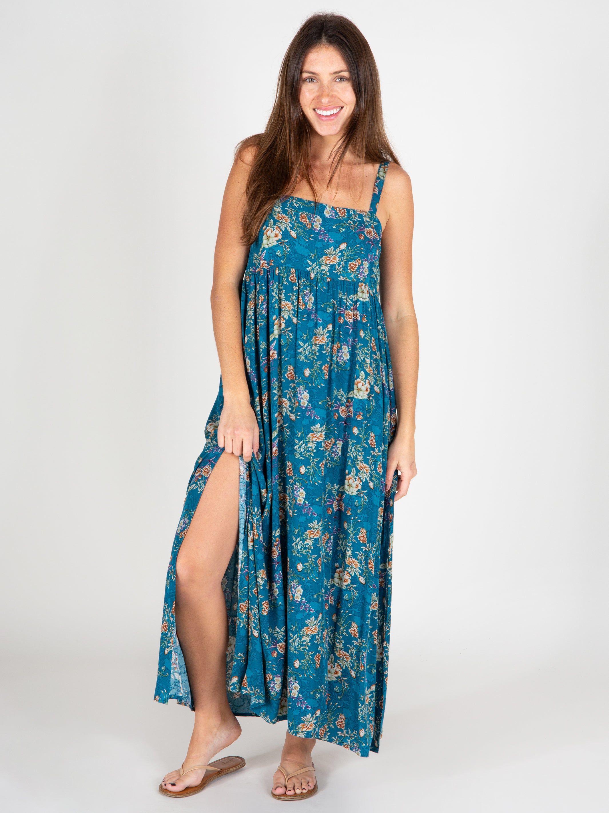Patti Side Slit Maxi Dress - Turquoise Cream Roses sold by NATURAL LIFE product image thumbnail 2