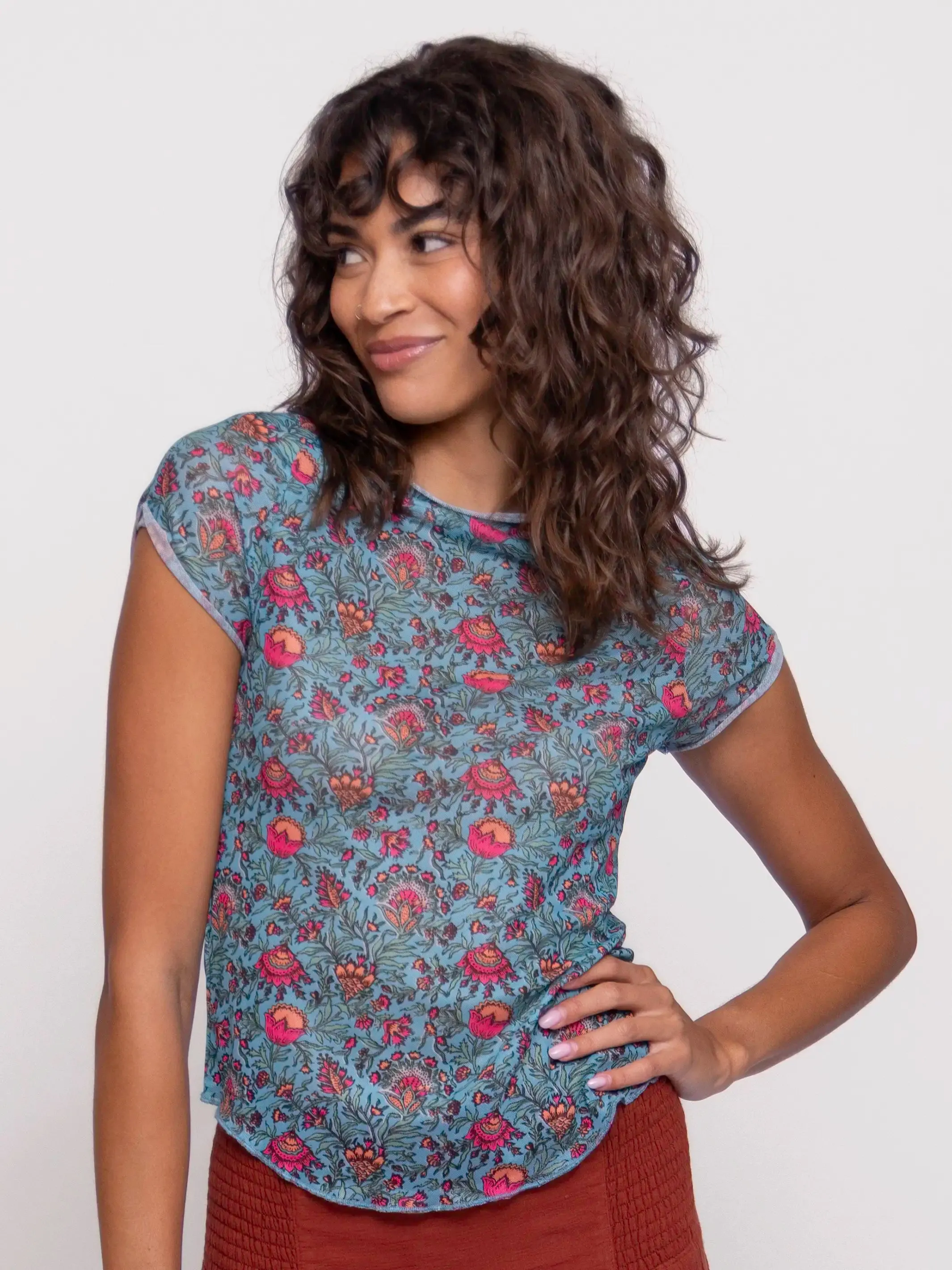 Simone Mesh Tee - Turquoise Pink Fan Floral sold by NATURAL LIFE
