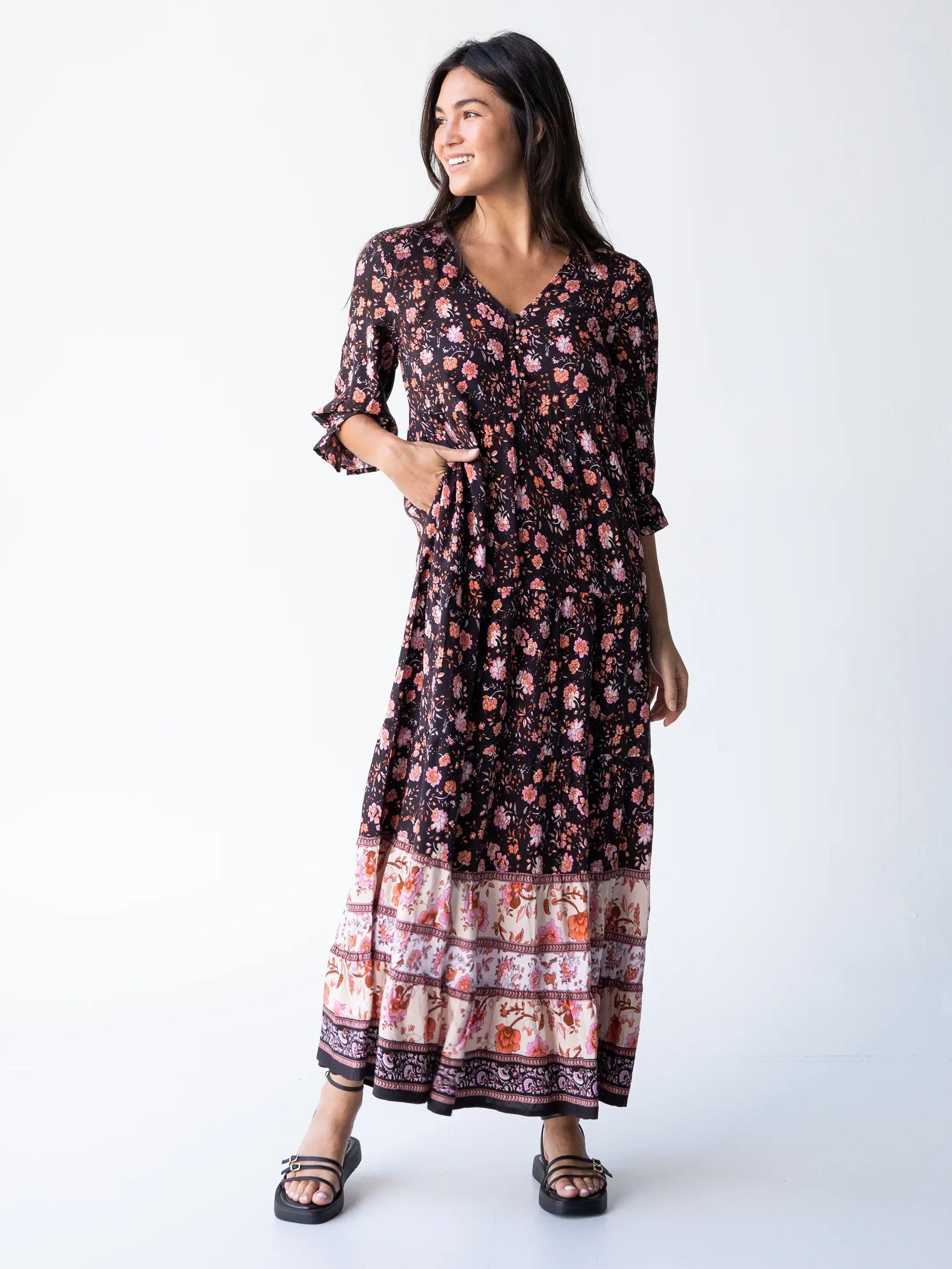 Vivian Maxi Dress - Brown Cream Floral sold by NATURAL LIFE product image thumbnail 3