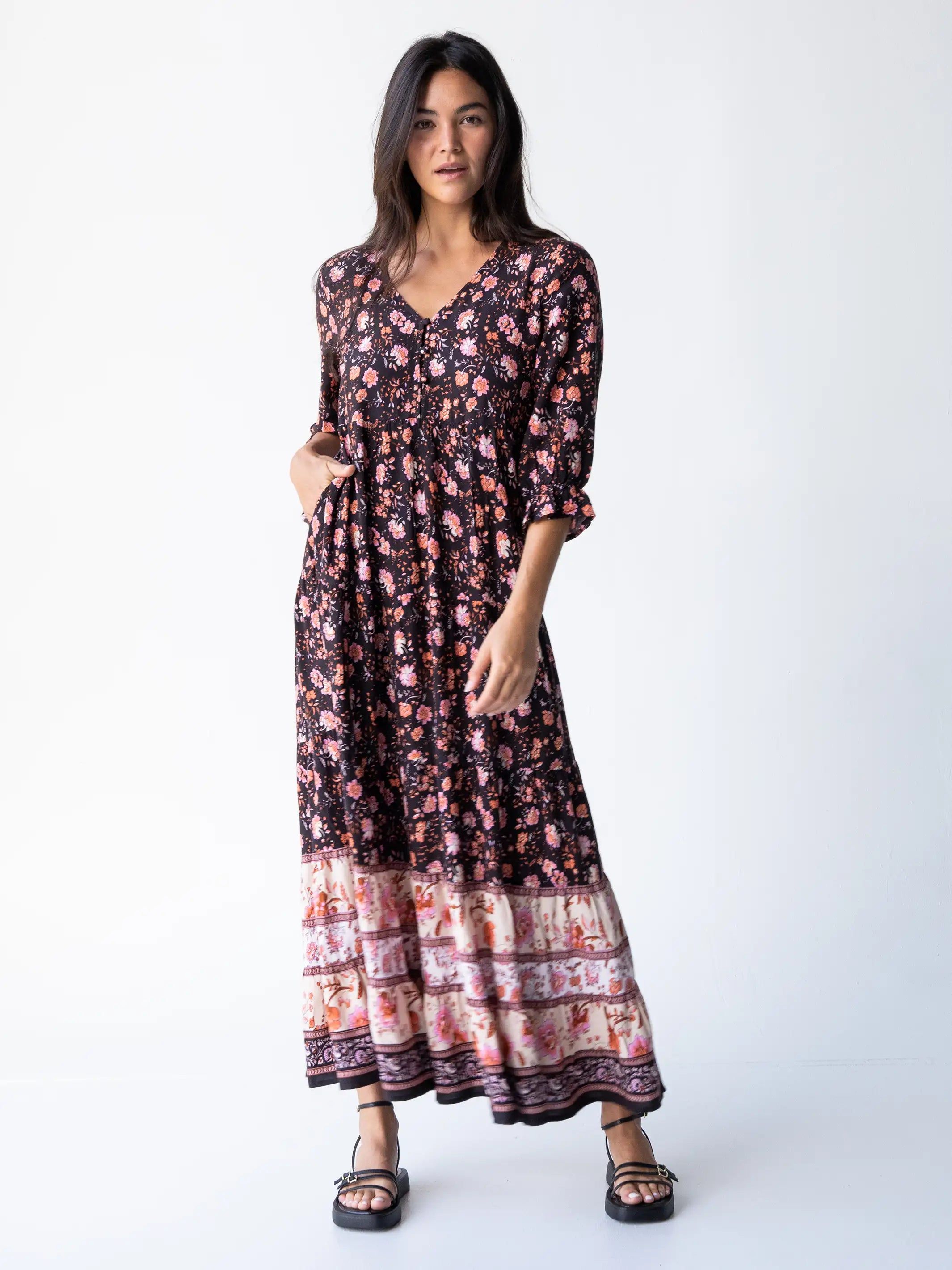 Vivian Maxi Dress - Brown Cream Floral sold by NATURAL LIFE