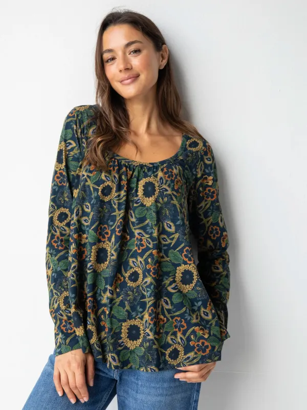 Long Sleeve Iris Cotton Top - Navy Tan Dahlias sold by NATURAL LIFE