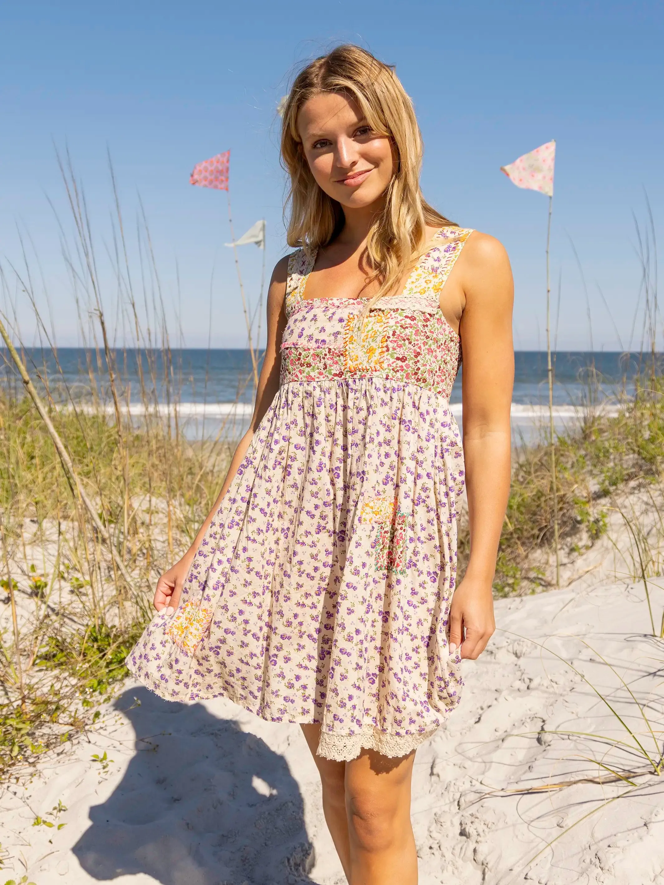 Tricia Embroidered Cotton Mini Dress - Meadow Patches sold by NATURAL LIFE