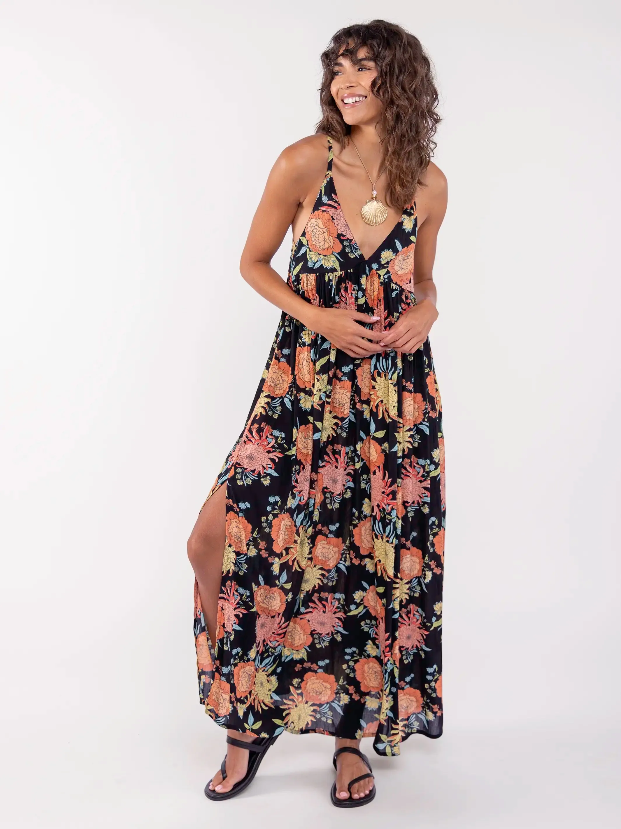 Reyna Deep V-Neck Maxi Dress - Black Marigold Floral sold by NATURAL LIFE product image thumbnail 4