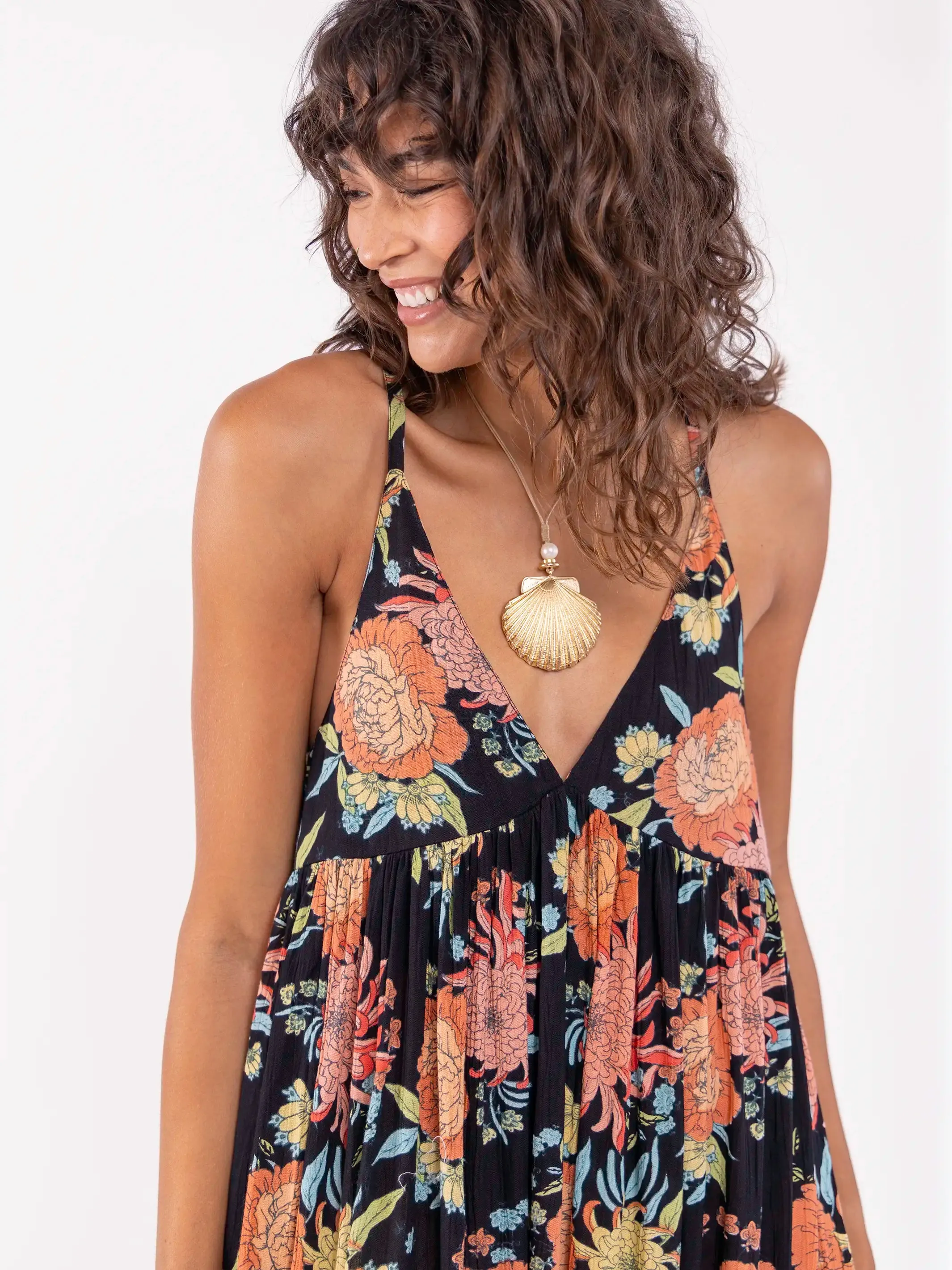 Reyna Deep V-Neck Maxi Dress - Black Marigold Floral sold by NATURAL LIFE product image thumbnail 2