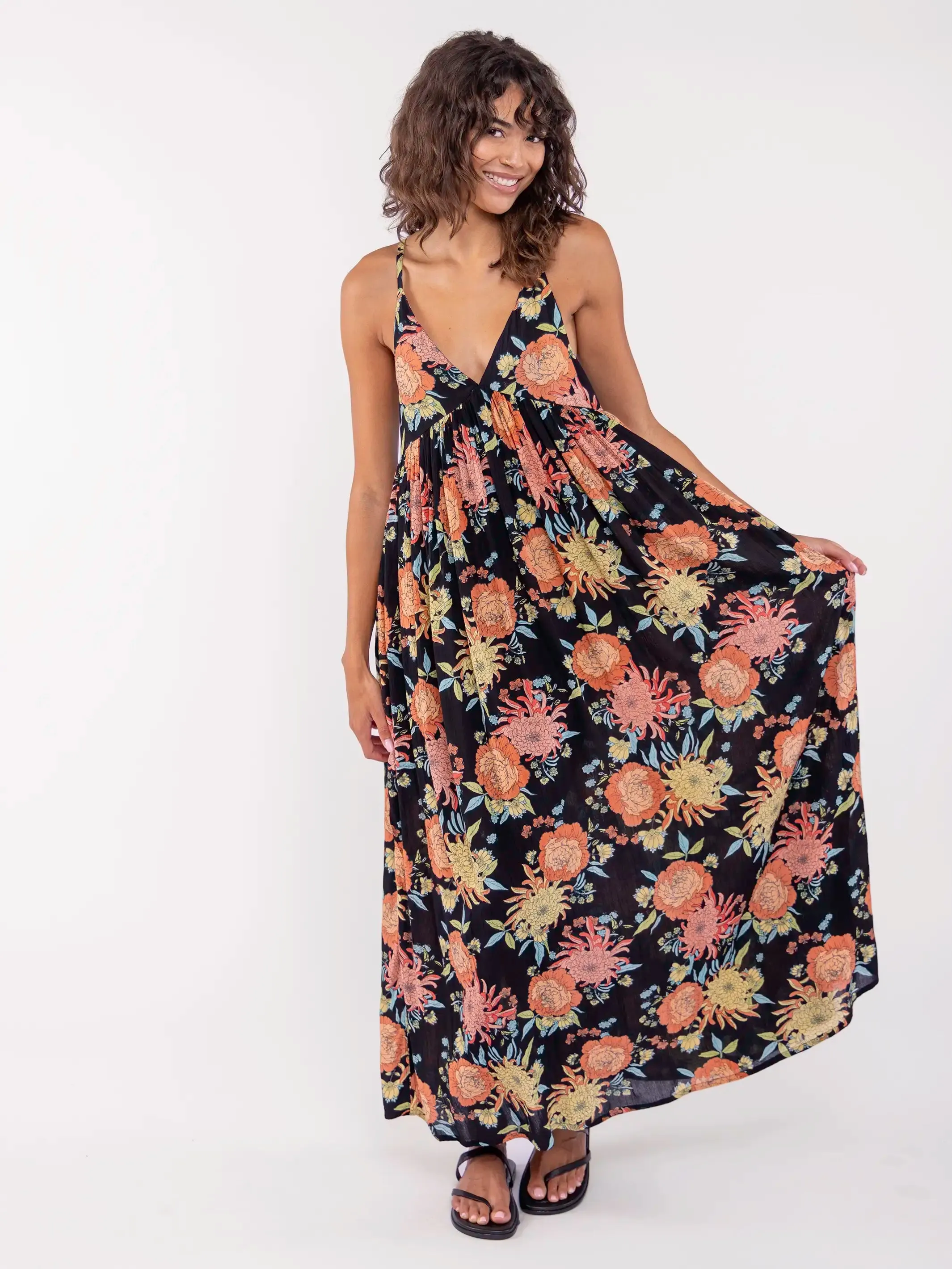 Reyna Deep V-Neck Maxi Dress - Black Marigold Floral sold by NATURAL LIFE