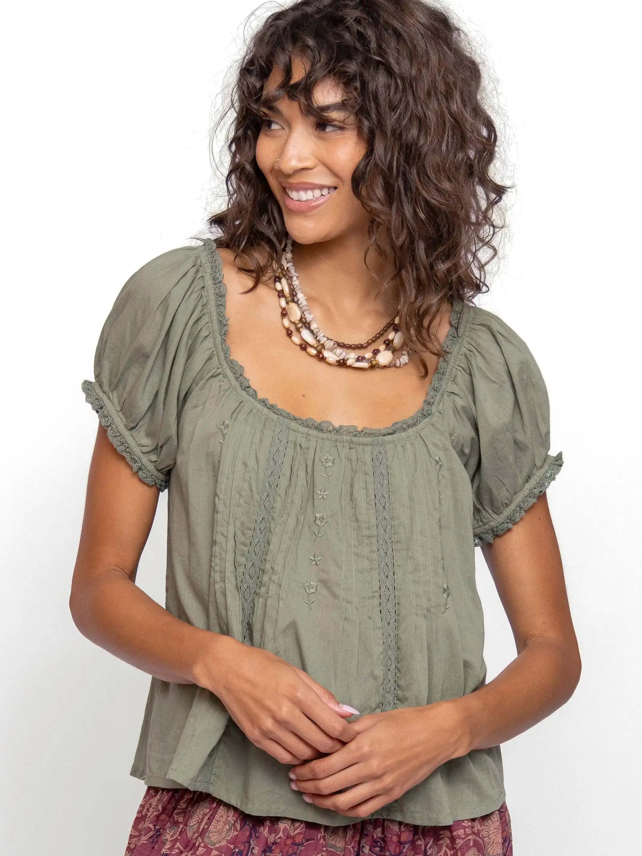 Sweet Nothings Embroidered Cotton Top - Sage sold by NATURAL LIFE