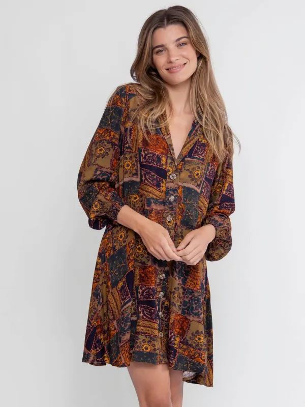 Ansley Woven Tunic Shirt Dress - Brown Paisley Patchwork sold by NATURAL LIFE