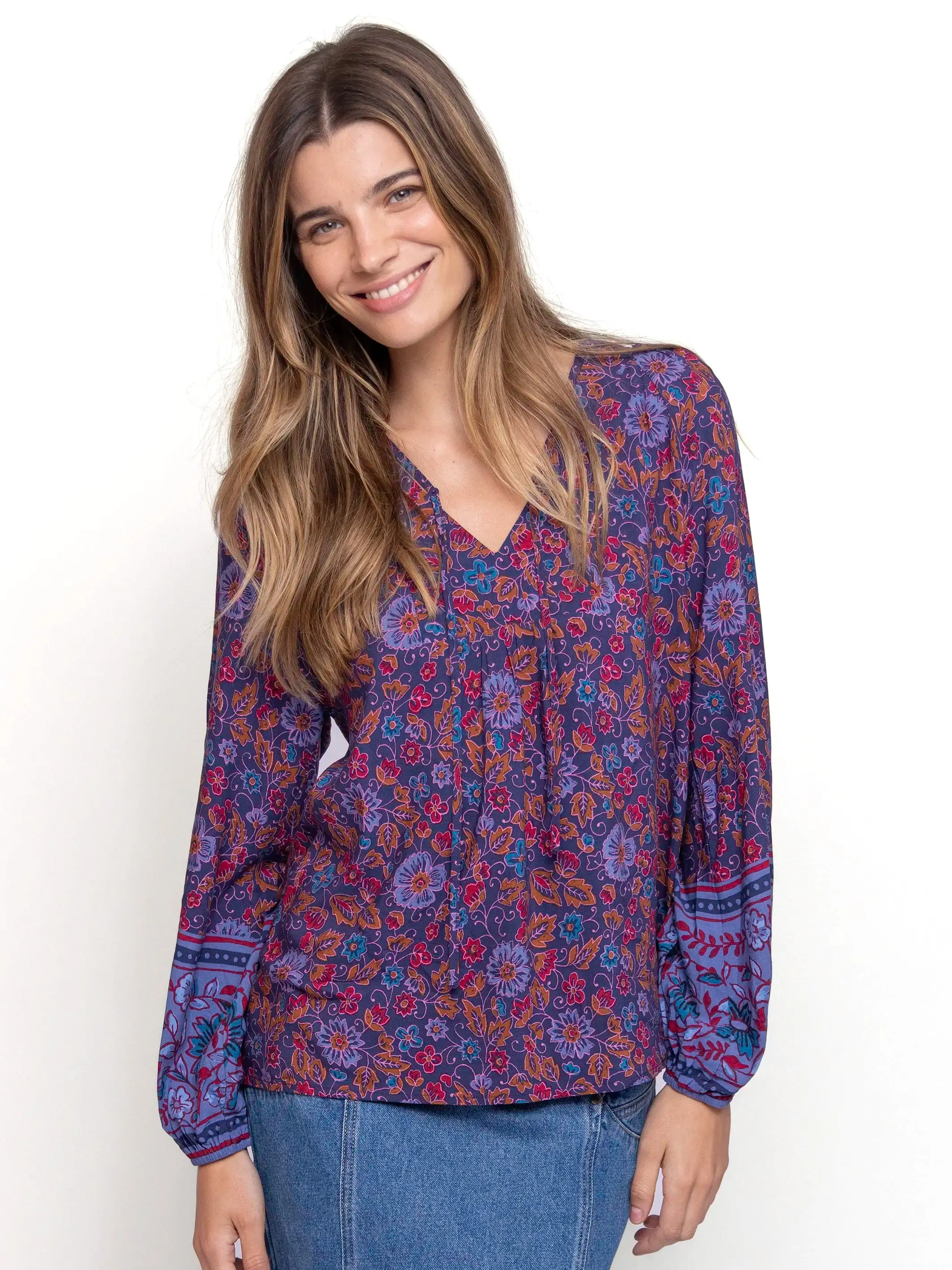 Rowan Top - Fiona Border Indigo sold by NATURAL LIFE