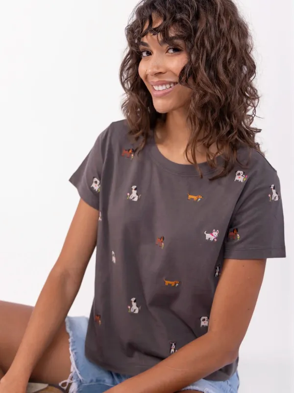 Fave Little Things Embroidered Tee - Charcoal Dogs sold by NATURAL LIFE