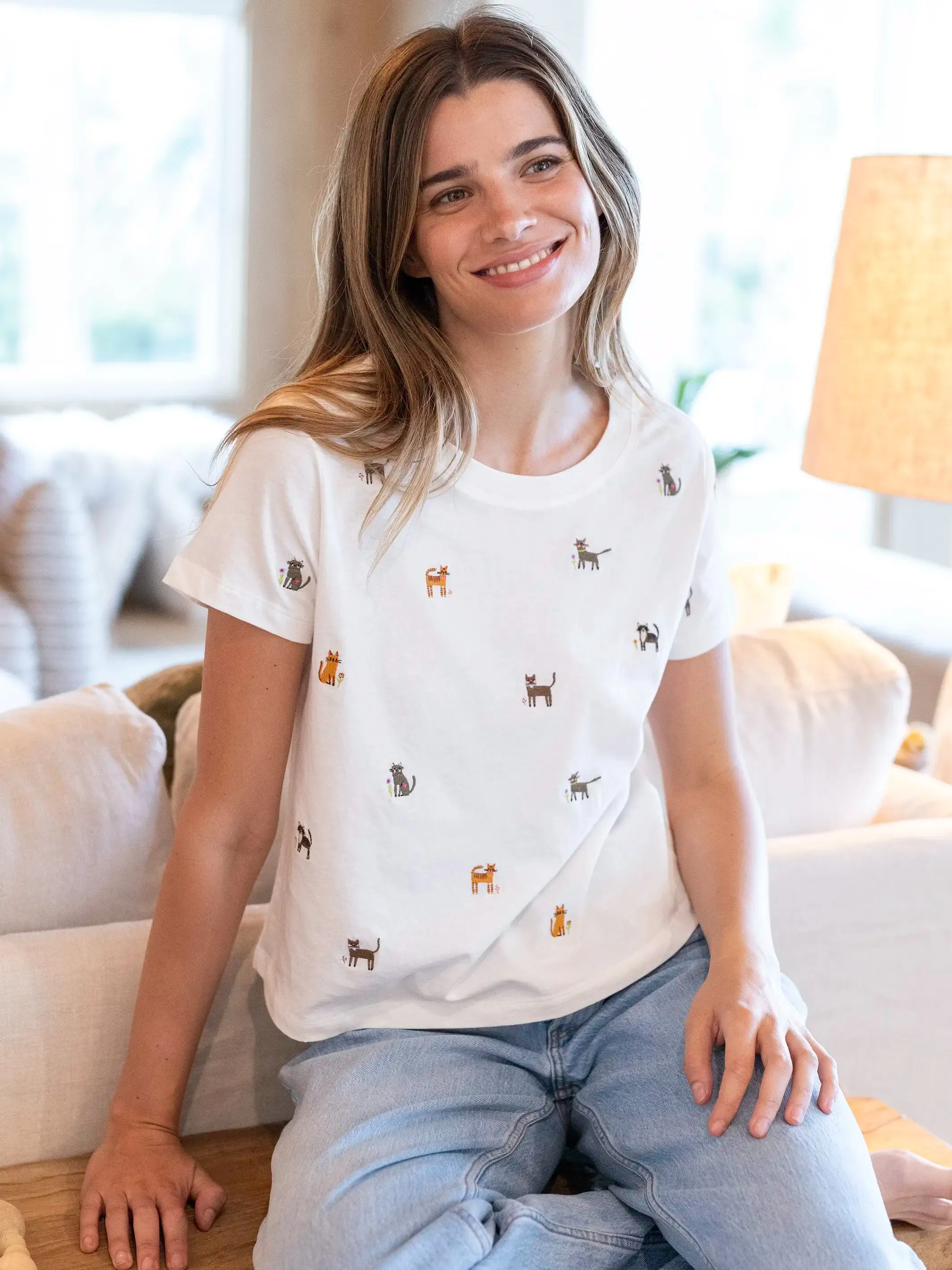 Fave Little Things Embroidered Tee - White Cats sold by NATURAL LIFE