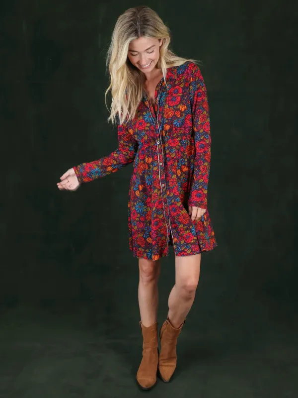 Christa Knit Cotton Mini Dress - Drawn Garden Charcoal made by NATURAL LIFE